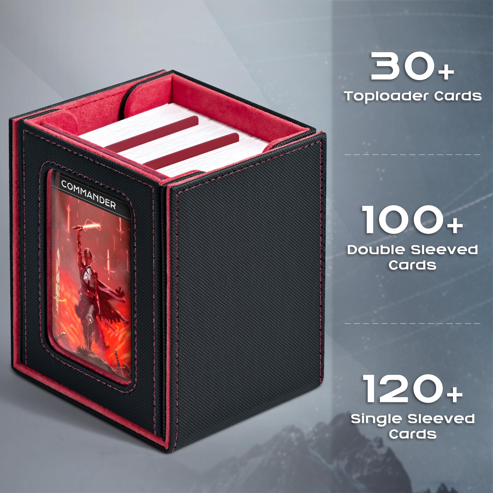 ZLCA MTG Deck Box with Magic Commander Window Display Trading Deck Case Hold 100 Double Sleeved Cards Baseball Card Storage Box is Suitable for CCG/EDH(Black&Red) - Image 3