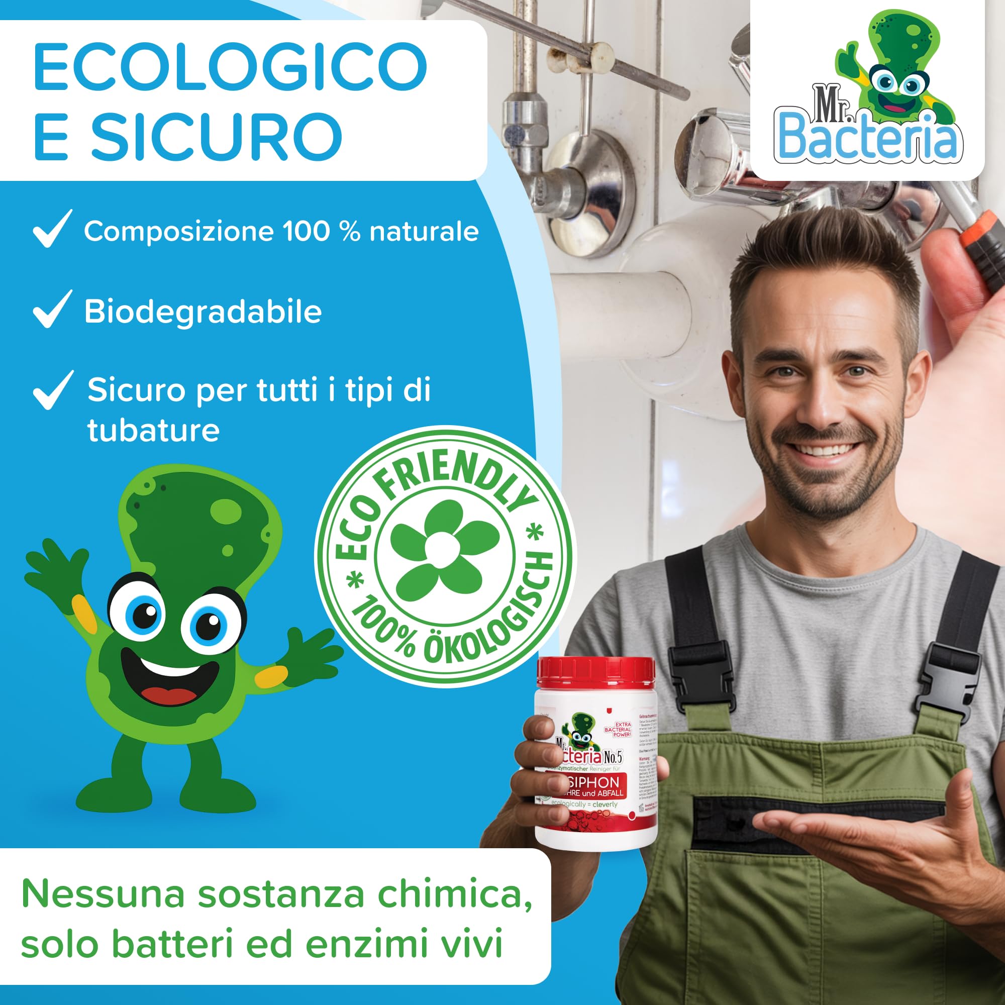 Mr. Bacteria No.5 DISGORGANTE bio-Enzimatico per TUBATURE e SIFONI, enzimatico naturale disgorgante forte, stura lavandini e scarichi, attivatore biologico pulizia tubature 500g - 1 pezzo