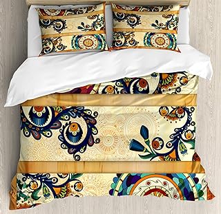 Ambesonne Batik Duvet Cover Set, Oriental Vintage Paisley Batik Pattern with Eastern Motifs in Flat Boho Art Design, Decorative 3 Piece Bedding Set with 2 Pillow Shams, King Size, Peach Blue