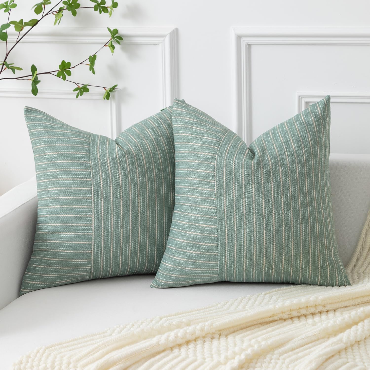Kevin Textile Sage Green and Beige Patchwork Farmhouse Throw Pillow Covers 16 x 16 Inch, Pack of 2 Spring Striped Linen Decorative Pillow Case for Sofa Couch Chair Bedroom Modern Decor 16" x 16" (Pack of 2) Sage Green