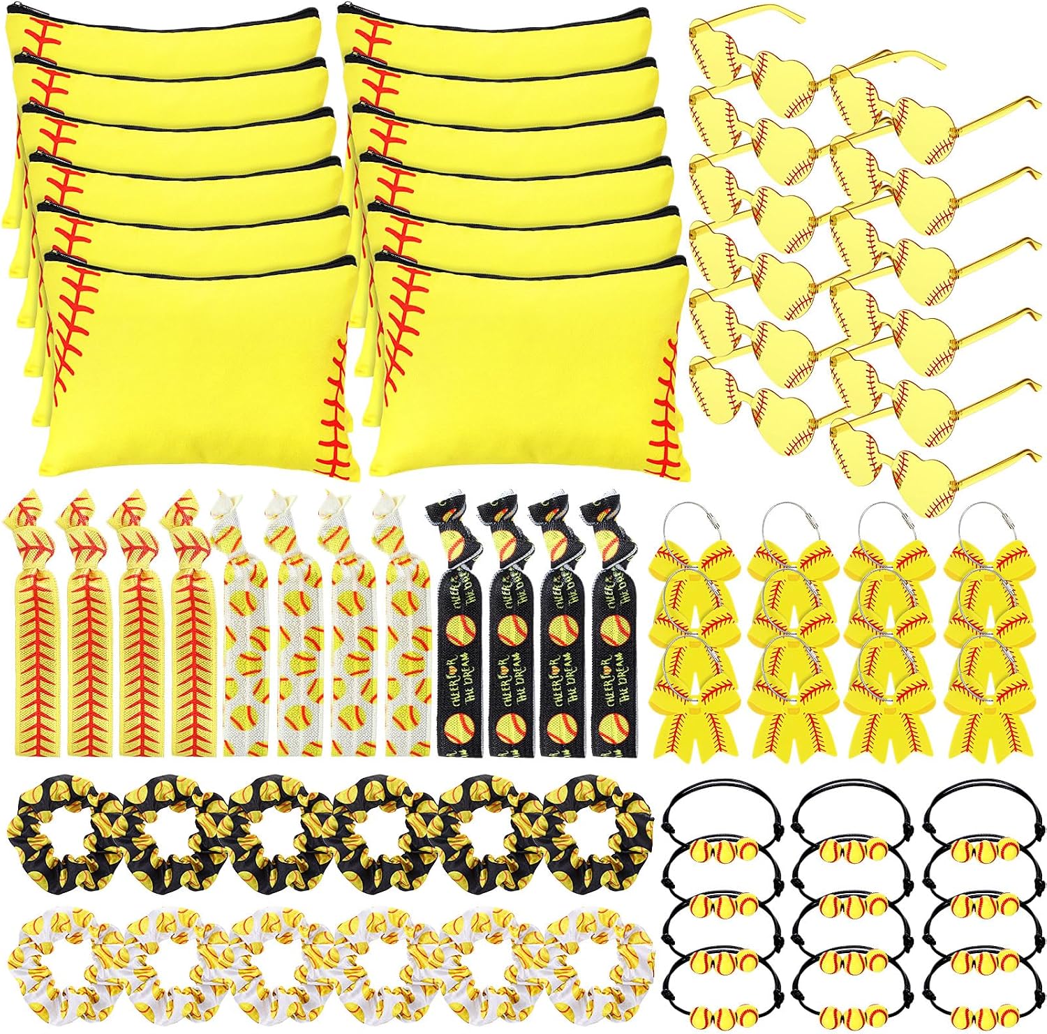 Suncalla 72 Pcs Softball Team Gifts Softball Party Favors Set Includes Yellow Sunglasses Luggage Tags Makeup Bags Bracelets Scrunchies Hair Ties for Sports Theme Birthday Party Supplies