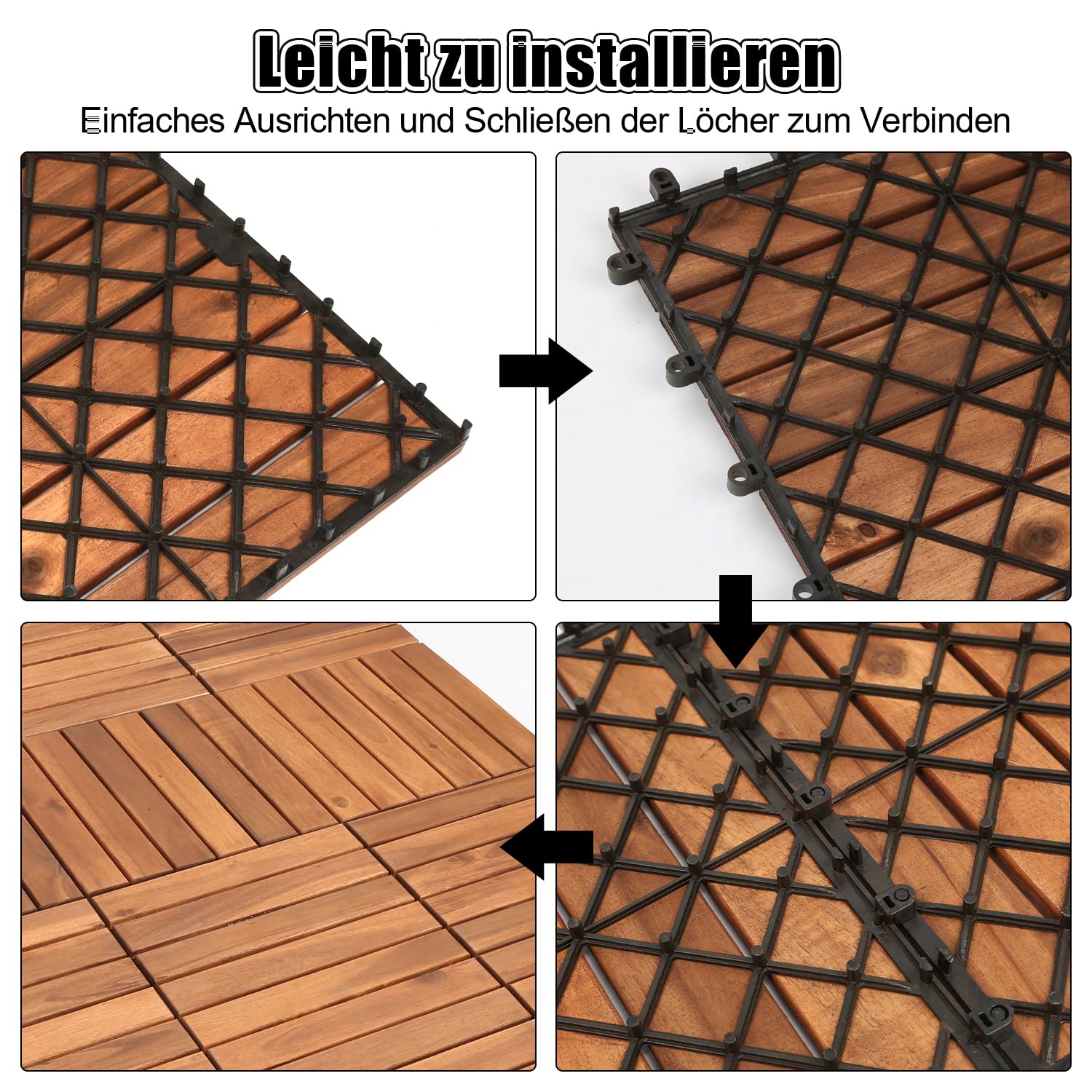 Holzfliesen, 30x30cm33 Fliesen für 3m² Terrassenfliesen Wetterfest aus Akazienholz, Bodenbelag Holzboden Klicksystem mit Drainage, 6 Latten Stil Balkonfliesen