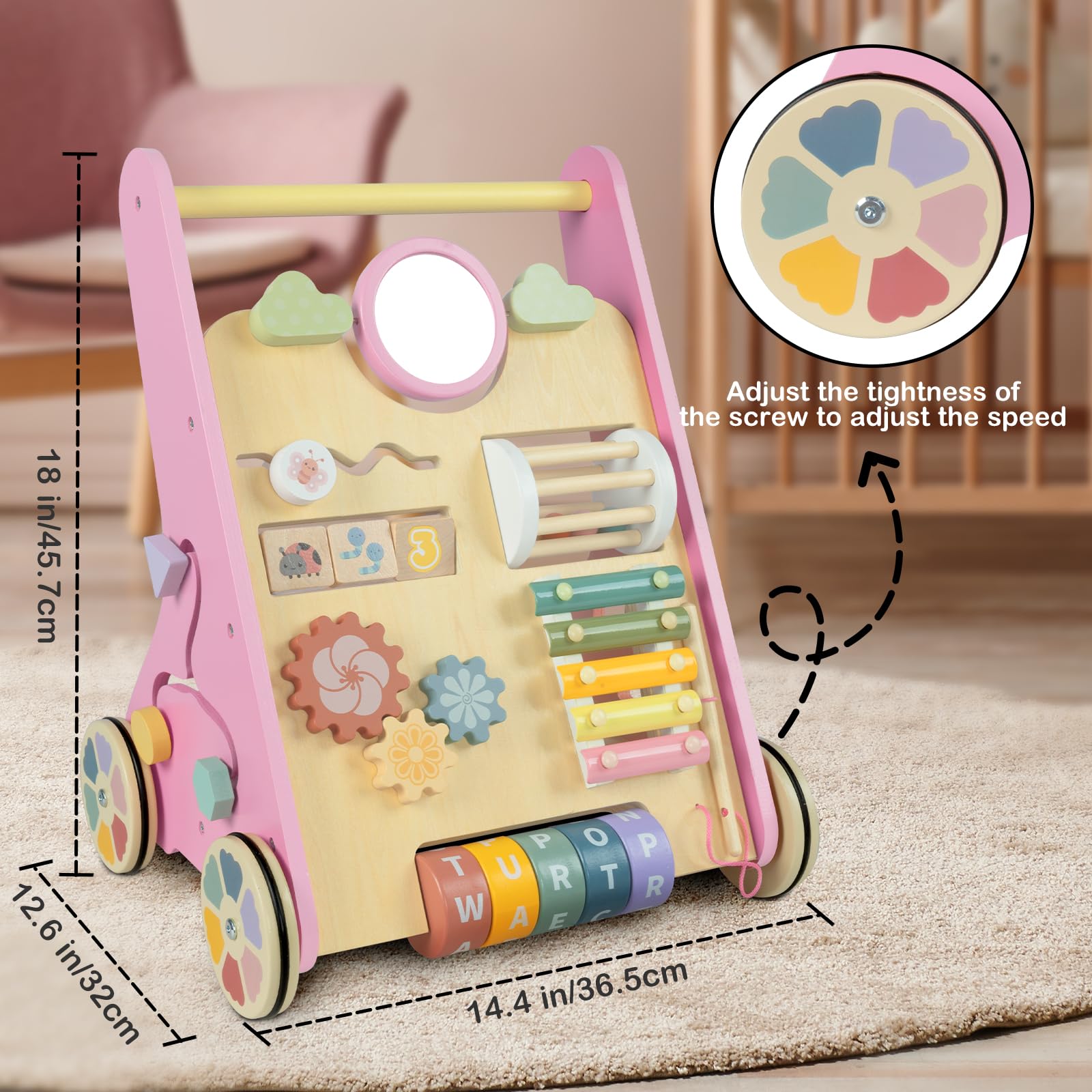Baby Walker mit Rädern, Holz Push Walker Spielzeug für Babys 6-12 Monate, Baby Mädchen Walking Activity Spielzeug für 1 Jahr alt