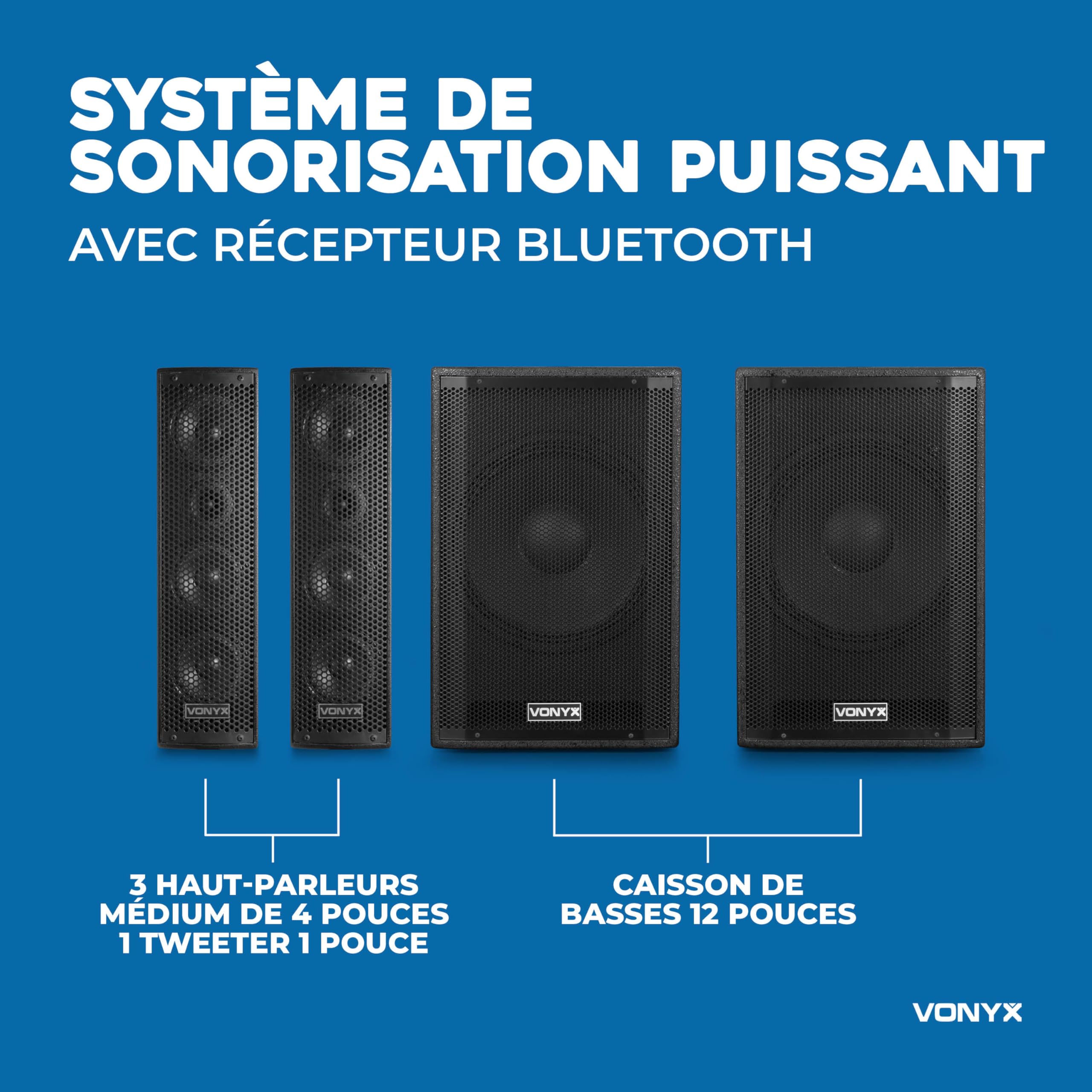 VONYX VX1050BT - Système de Son Triphonique 2.2 avec Micro, Puissance de 1150W, Idéal pour Soirées et Evènements, BT/MP3/SD/USB/AUX, Prêt à l'emploi, se Range Facilement