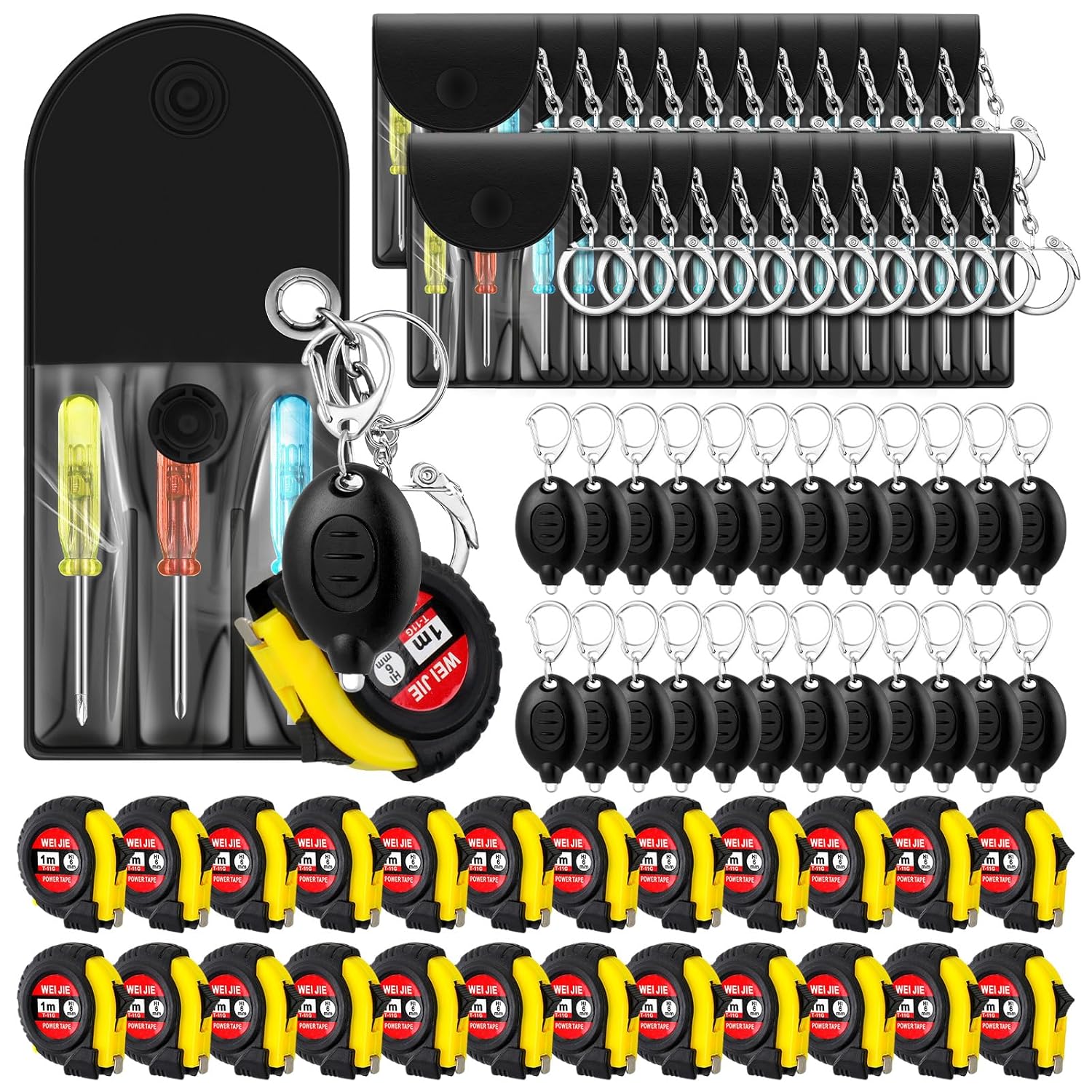 Jutom 72 Pcs Mini Screwdriver Keychain Tape Measure LED Lights Keychain Set Father Day Gifts Bulk for Adult Men (Black)