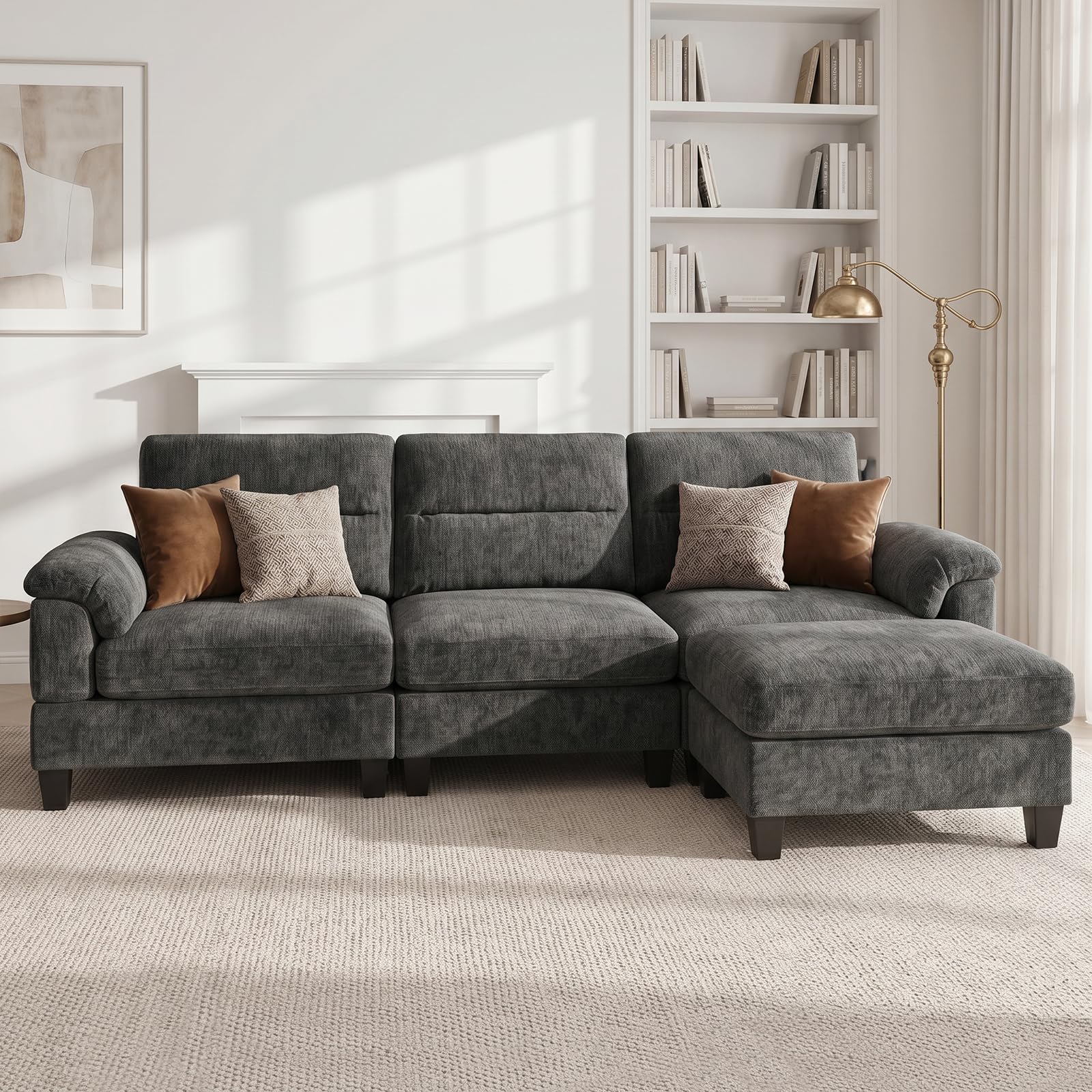 100.4" L-Shaped Modular Cloud Couch, Sectional Couches for Living Room | Cloud Comfort, Cozy Armrest Pillows, Elegant Chenille, Freely Modular, Quick Assembly, Dark Gray
