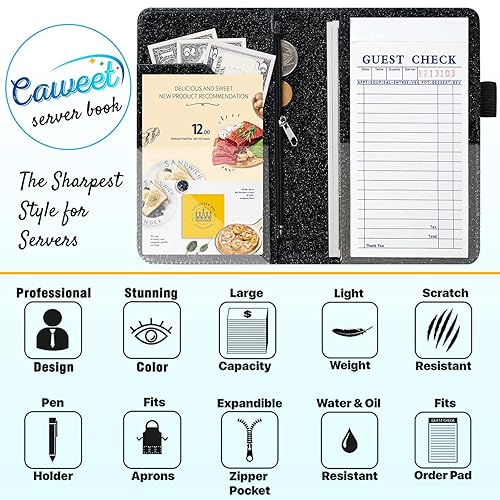 Miniatura 8 de Libreta para camarera de cuero para camarera, organizador de libro con bolsillo con cremallera, lindo libro de camarero con cierre magnético, diseño