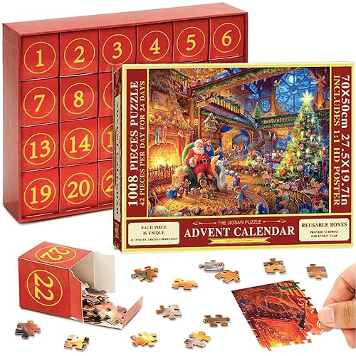 Advent Calendar 2024 Christmas Jigsaw Puzzle for Kids and Adults Xmas Gift,1008 Pieces Xmas Puzzles in 24 Box 24 Days Christmas Countdown Jigsaw Puzzles Santa Claus Puzzles for Home Wall Decor