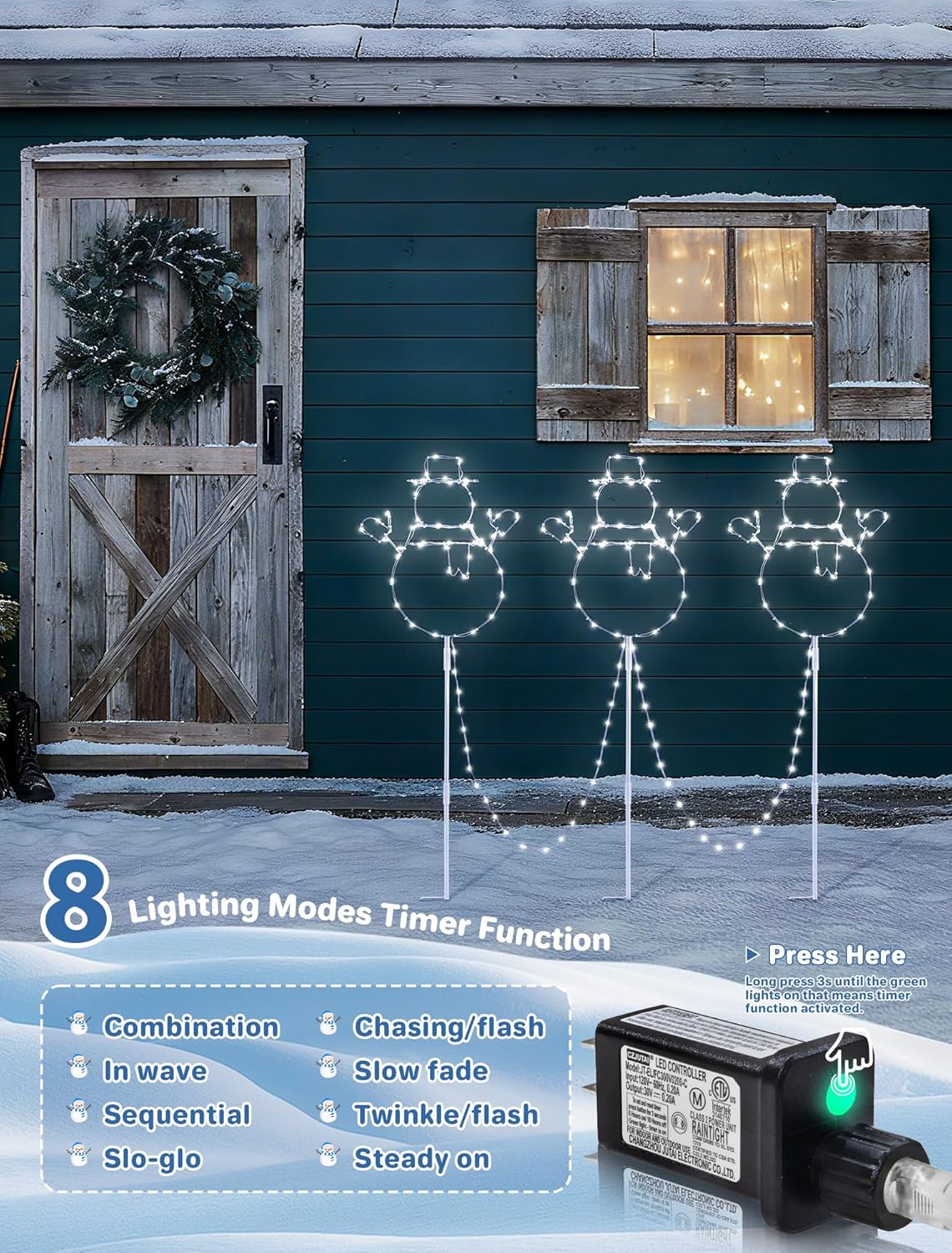 woohaha Christmas Snowman Pathway Lights,200 LED Plug in Garden Outdoor Decorations，Waterproof String Lights with 3 Snowman Stakes Light for Garden Walkway Yard Driveway Lawn Party Decor (White)
