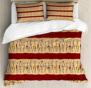 Ambesonne African Duvet Cover Set, Native Indigenous People Different Poses Culture Borders, Decorative 3 Piece Bedding Set with 2 Pillow Shams, King Size, Black Peach