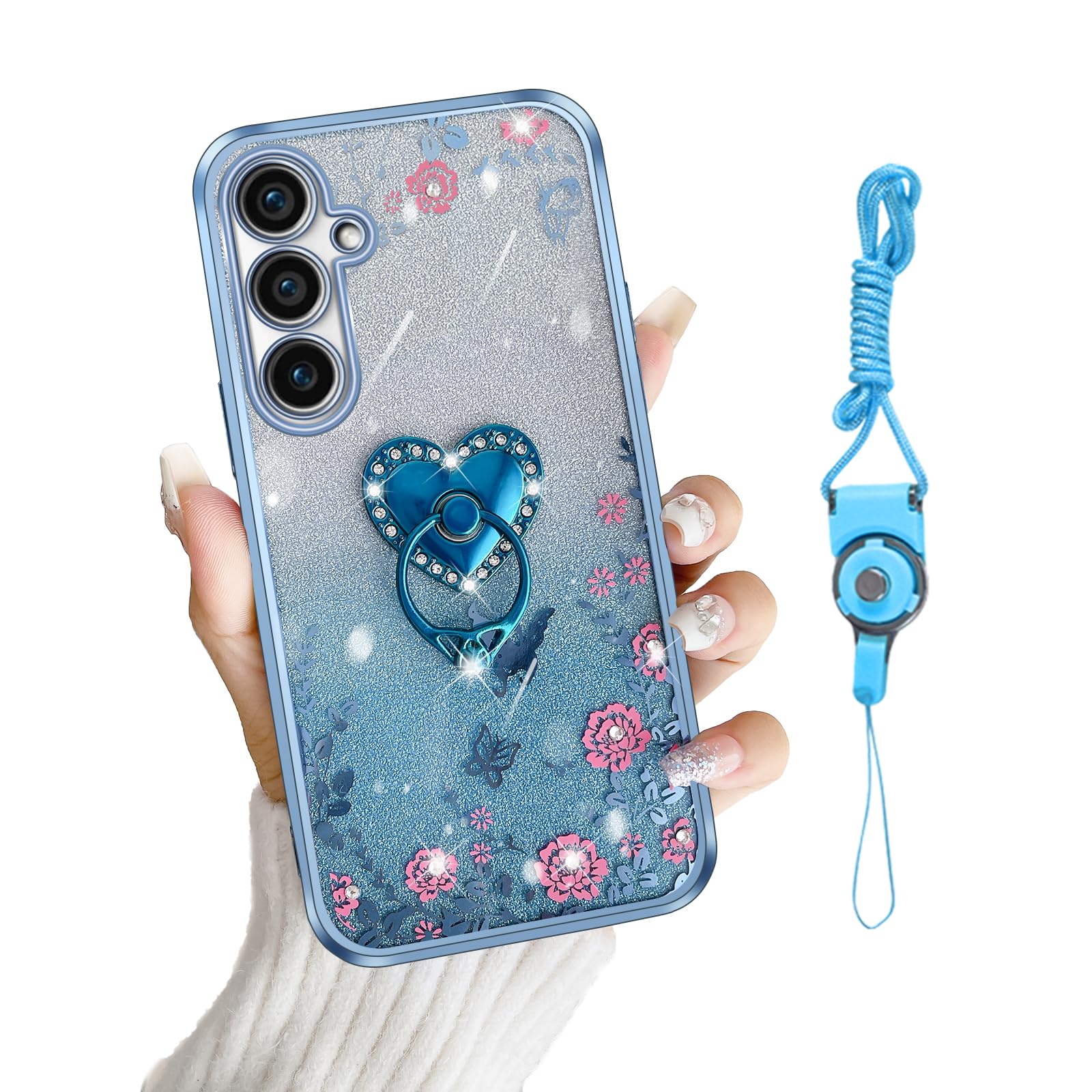 for Galaxy S23-FE Case, Samsung S23 FE Phone Case TPU Luxury Crystal Butterfly Heart for Women Magnetic Shockproof with Kickstand [Glitter Card &
