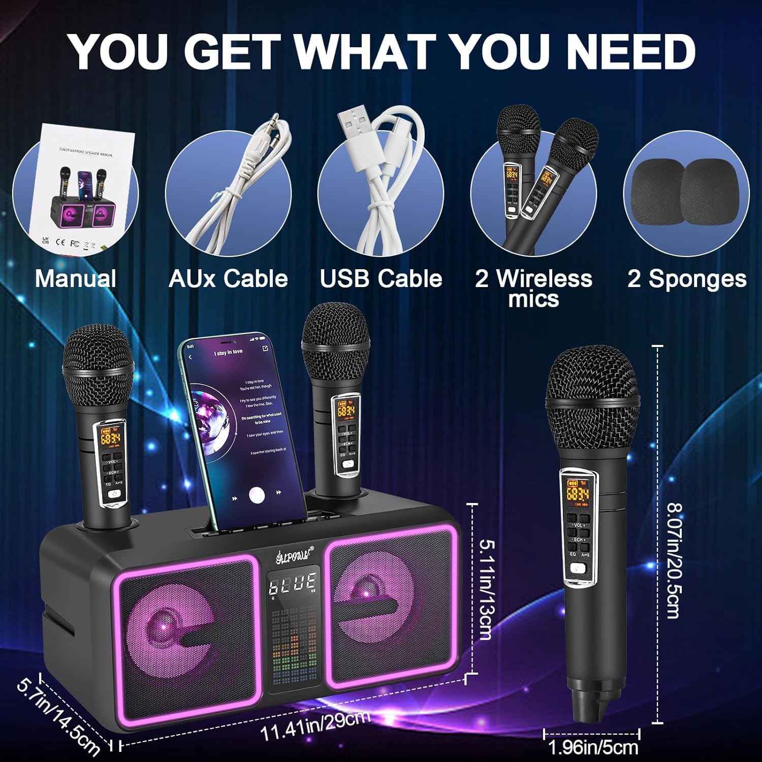 ALPOWL Karaoke Professionale Completo per Bambini e Adulti con 2 Microfono Wireless UHF, Cassa Bluetooth Potente con LED Striscia Cambianti Colore per Festa di