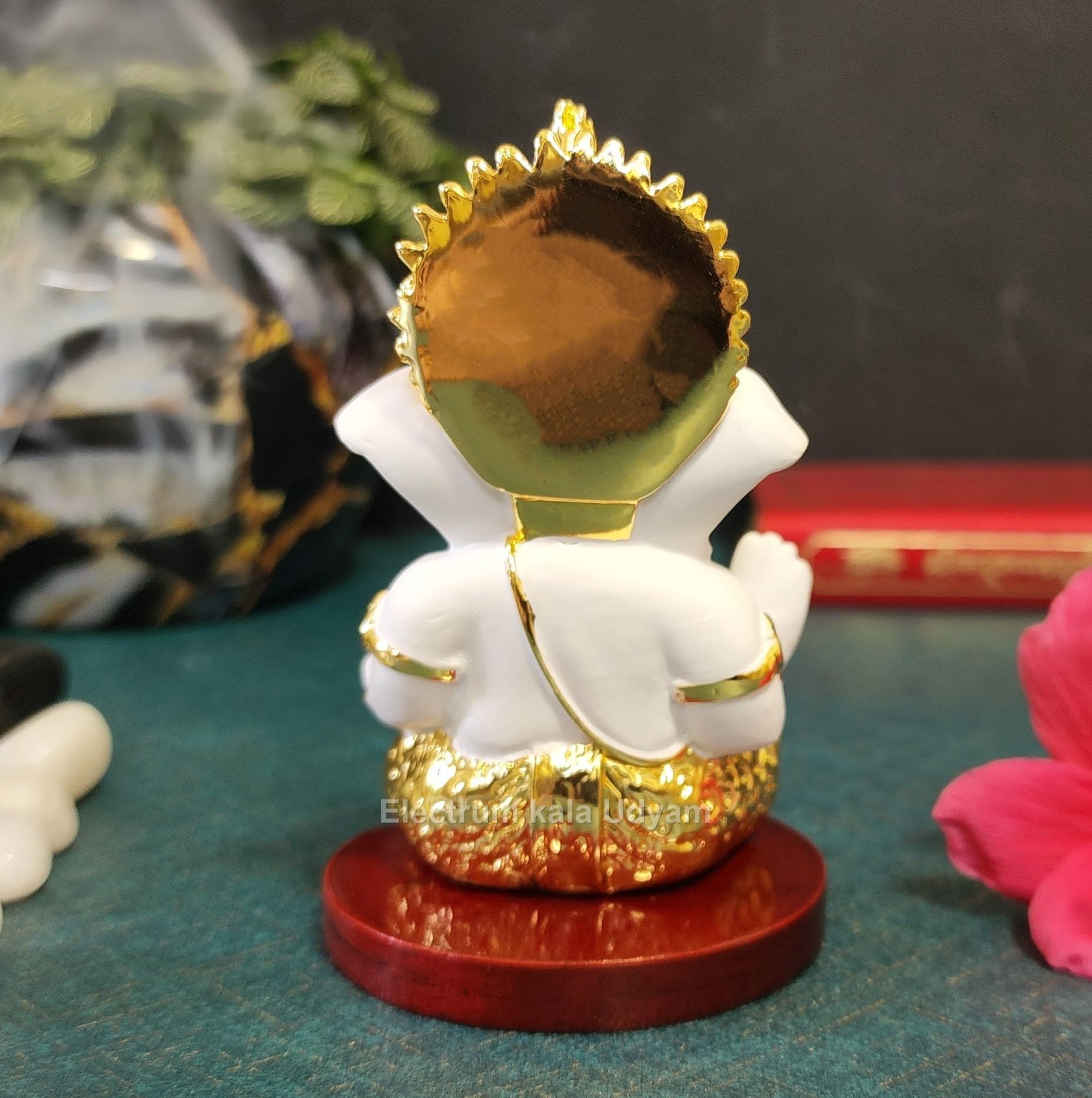 Electrum Kala Udyam Divine Figurine of Ganesha Gold Plated Idol on MDF Base | For Car Dashboard, Office Desk and Festive Gifting (MukutGoldWhiteMDF) - Image 3 thumbnail