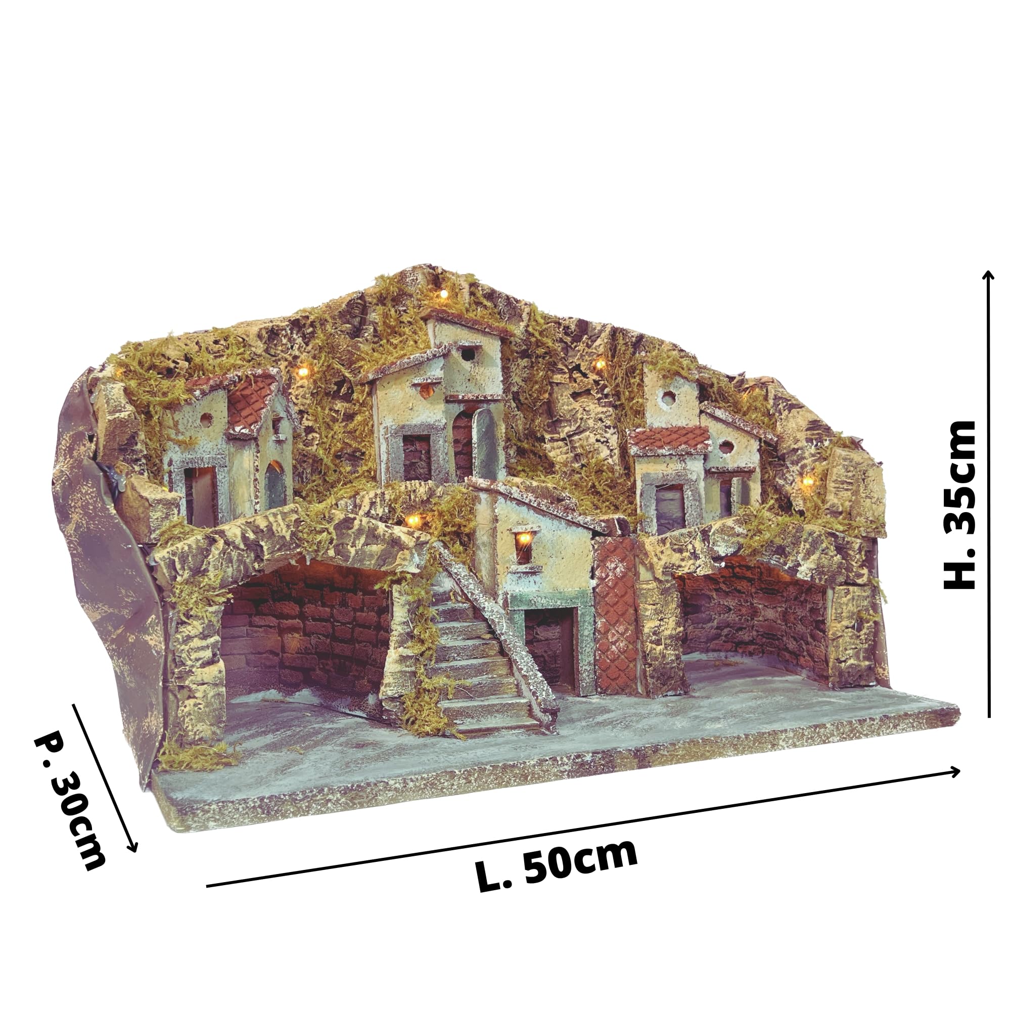 Presepe Villaggio Natalizio Completo illuminato con capanna e grotta per statuine artigianali, completo di luci Led calda.