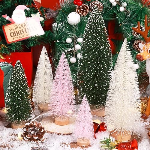 Hatisan 6 piezas de mini árboles de Navidad, árboles de cepillo para botellas pequeñas con base de madera, árboles de Navidad artificiales para