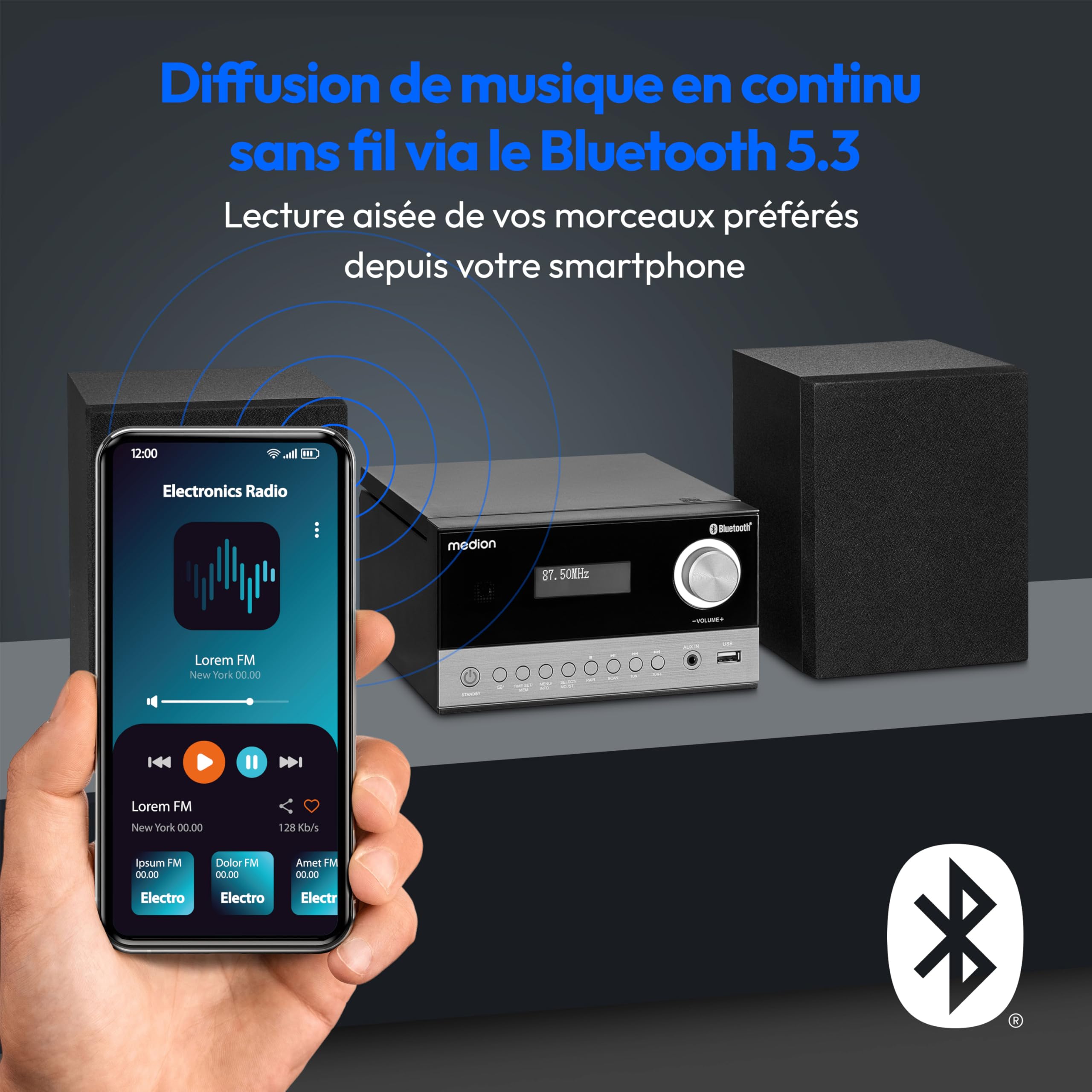 MEDION E64088 Microsystème Audio Compact (Dab+, Lecteur CD. PLL FM Radio, Bluetooth, Connexion USB, Sleeptimer, MP3, écran LCD avec Affichage 12/24 Heures)