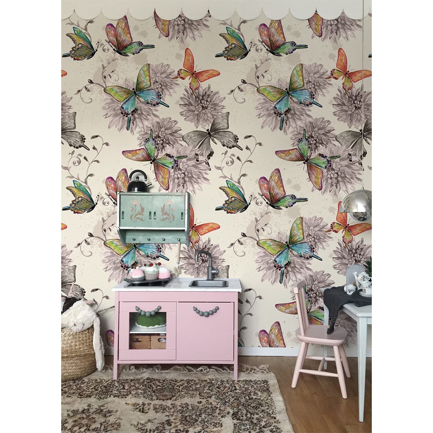 Papier peint fleurs girly et papillon Coloray 104x70 cm mural auto-adhésif pour chambre