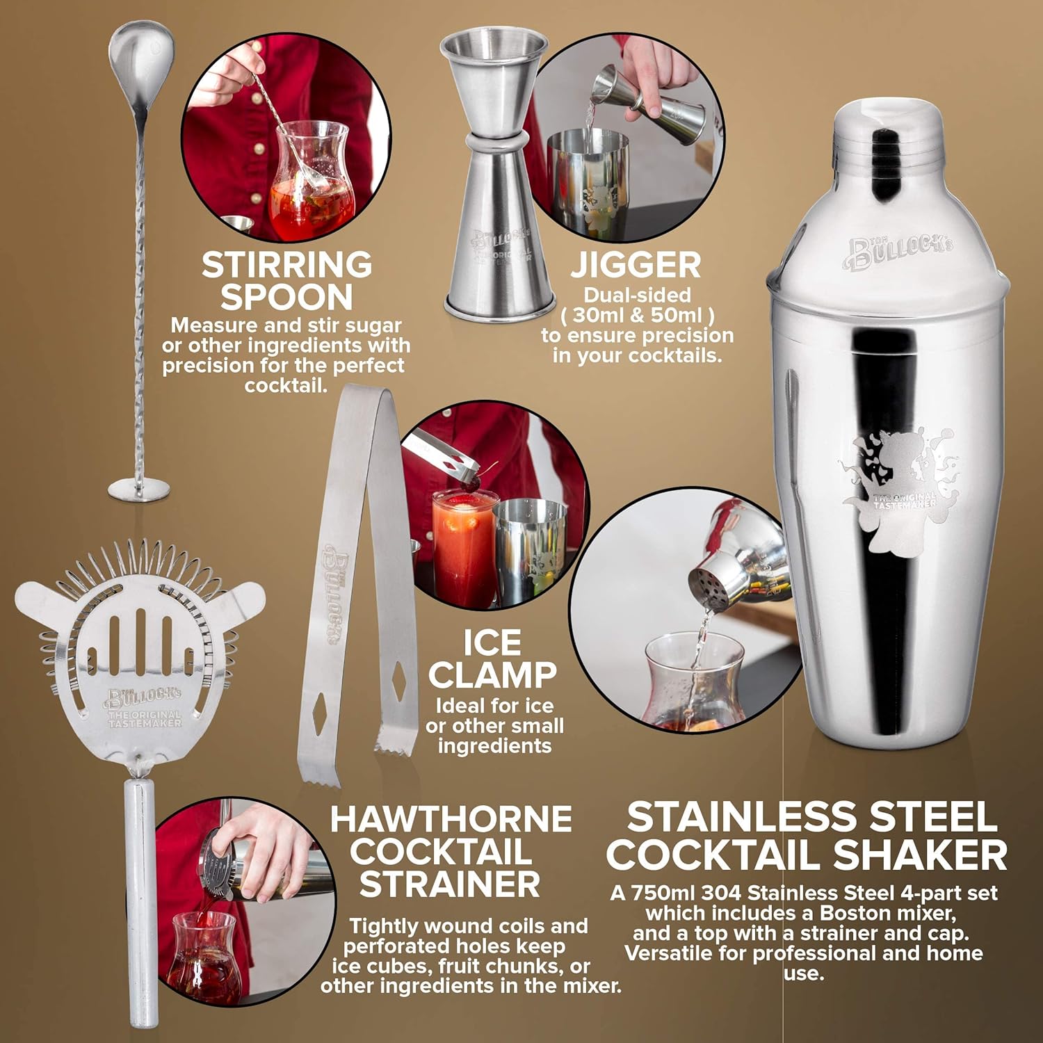 Bundled 5 pc. Cocktail Shaker Bar Set by Tom Bullock's, The Original Tastemaker and Tom Bullock's Heavy Base Cocktail Glasses, set of 4 (10 oz.)