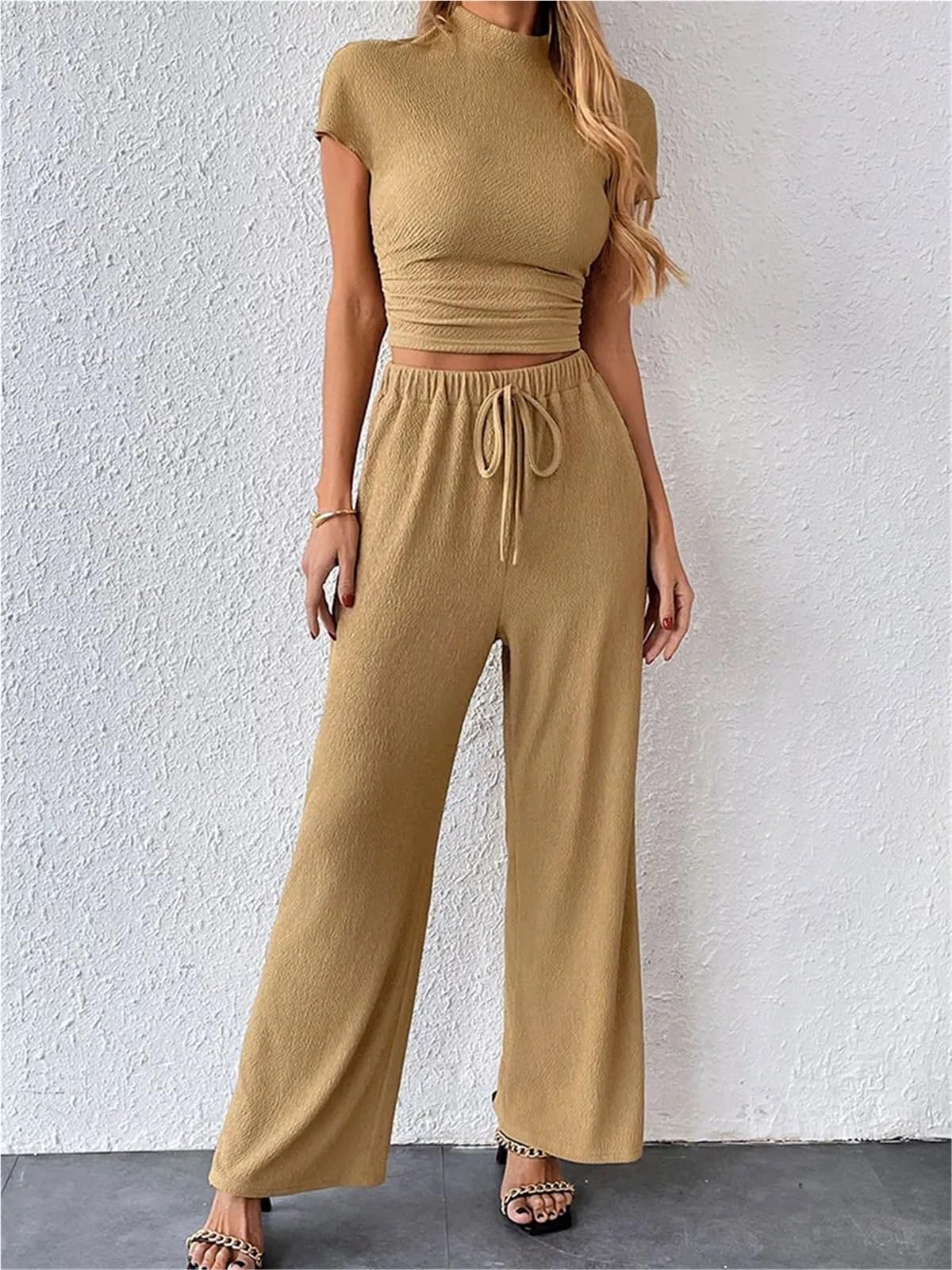 Completo Donna Elegante Pantaloni da donna in due pezzi, maglietta a maniche corte, pantaloni con lacci, casual, aderenti, elastico in vita(M)