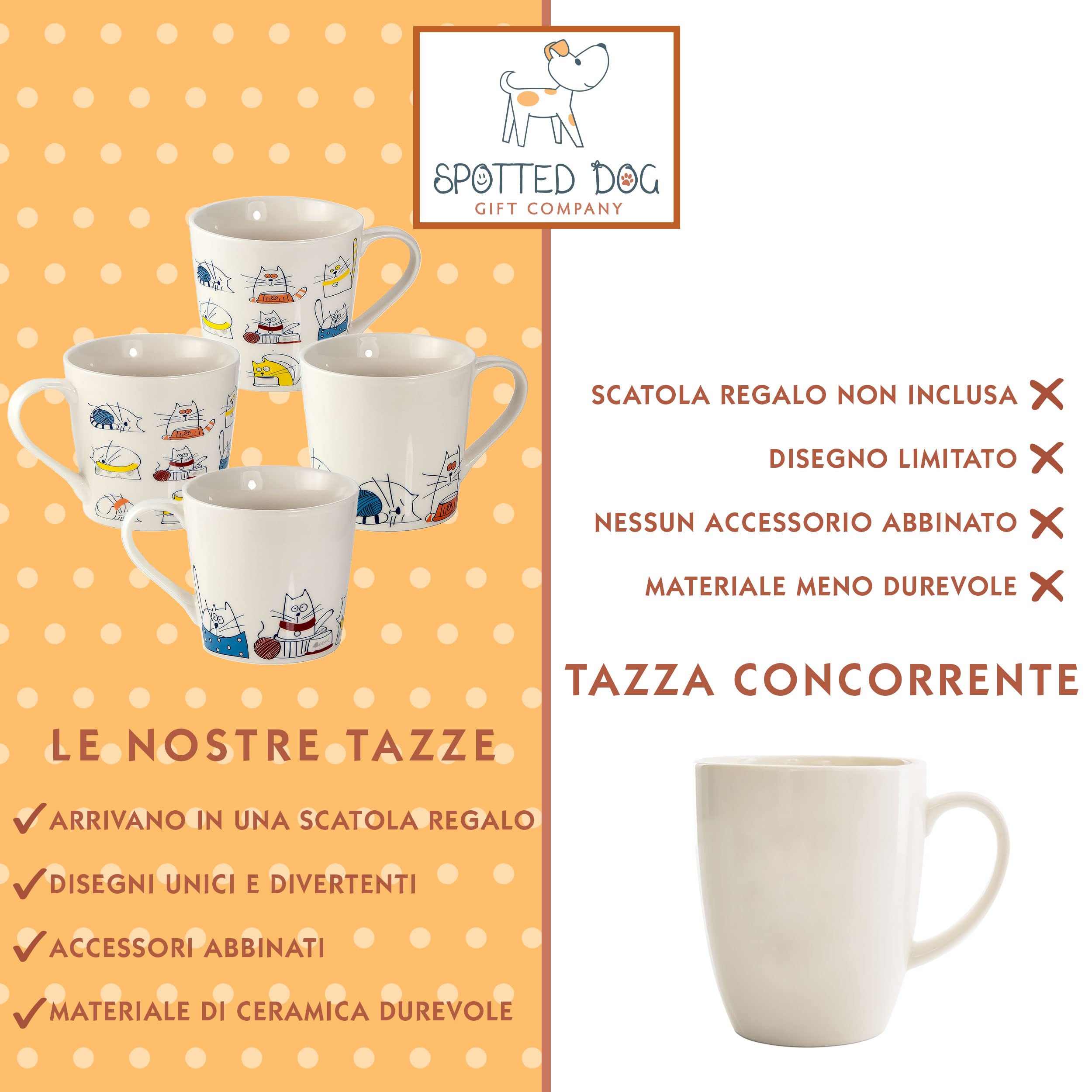 SPOTTED DOG GIFT COMPANY Set di 4 Tazze Gatto da Caffè in Ceramica 380 ml per Caffè e Tè, Tazze con Gatti Divertenti, Regalo per Gattara, Donna e Uomo