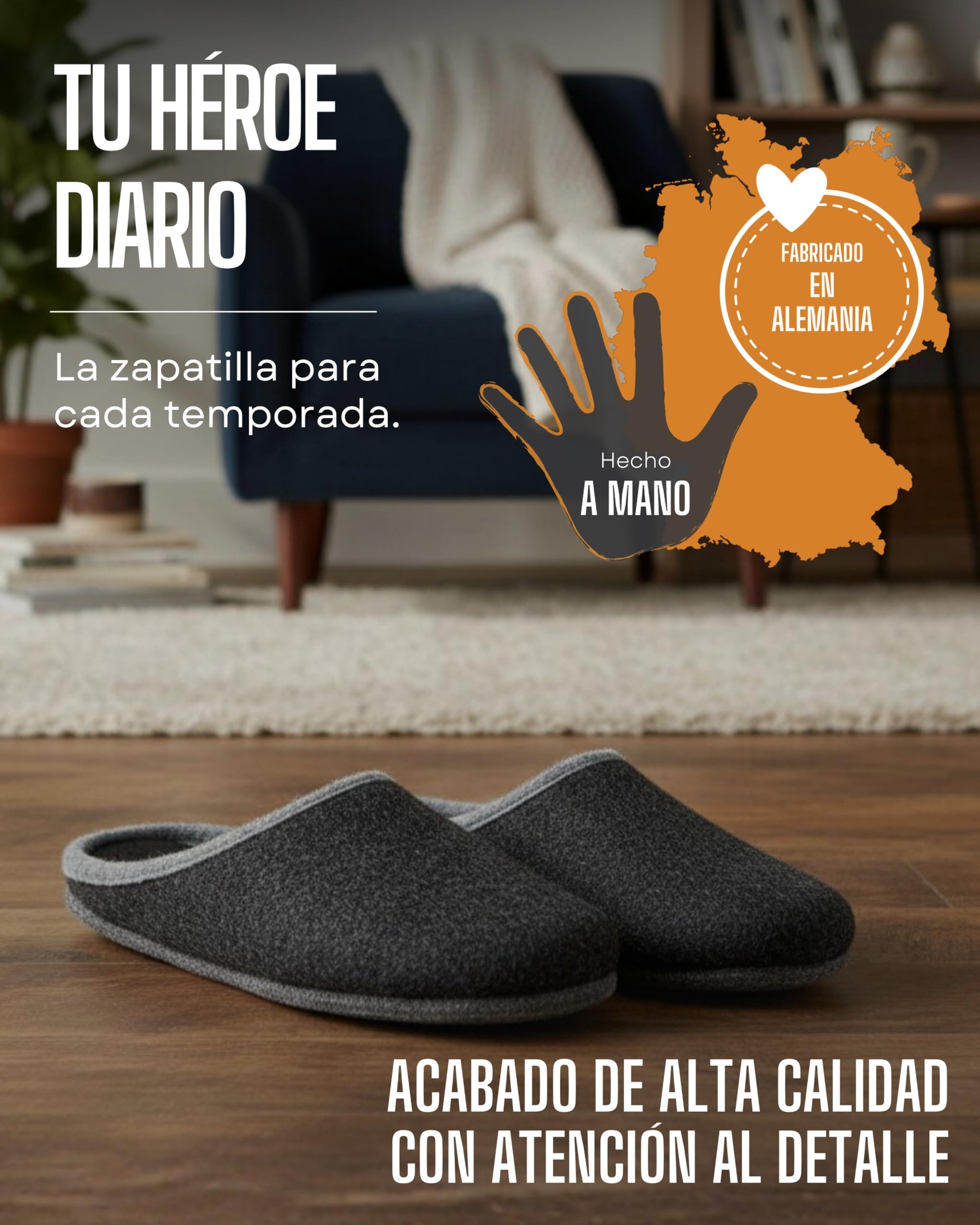 Pantoffelmann pantuflas de lana suela de fieltro antracita I Cómodas pantuflas varios tallas I Zapatillas de casa cálidas y transpirables I Pantuflas hombre y mujer suela de fieltro