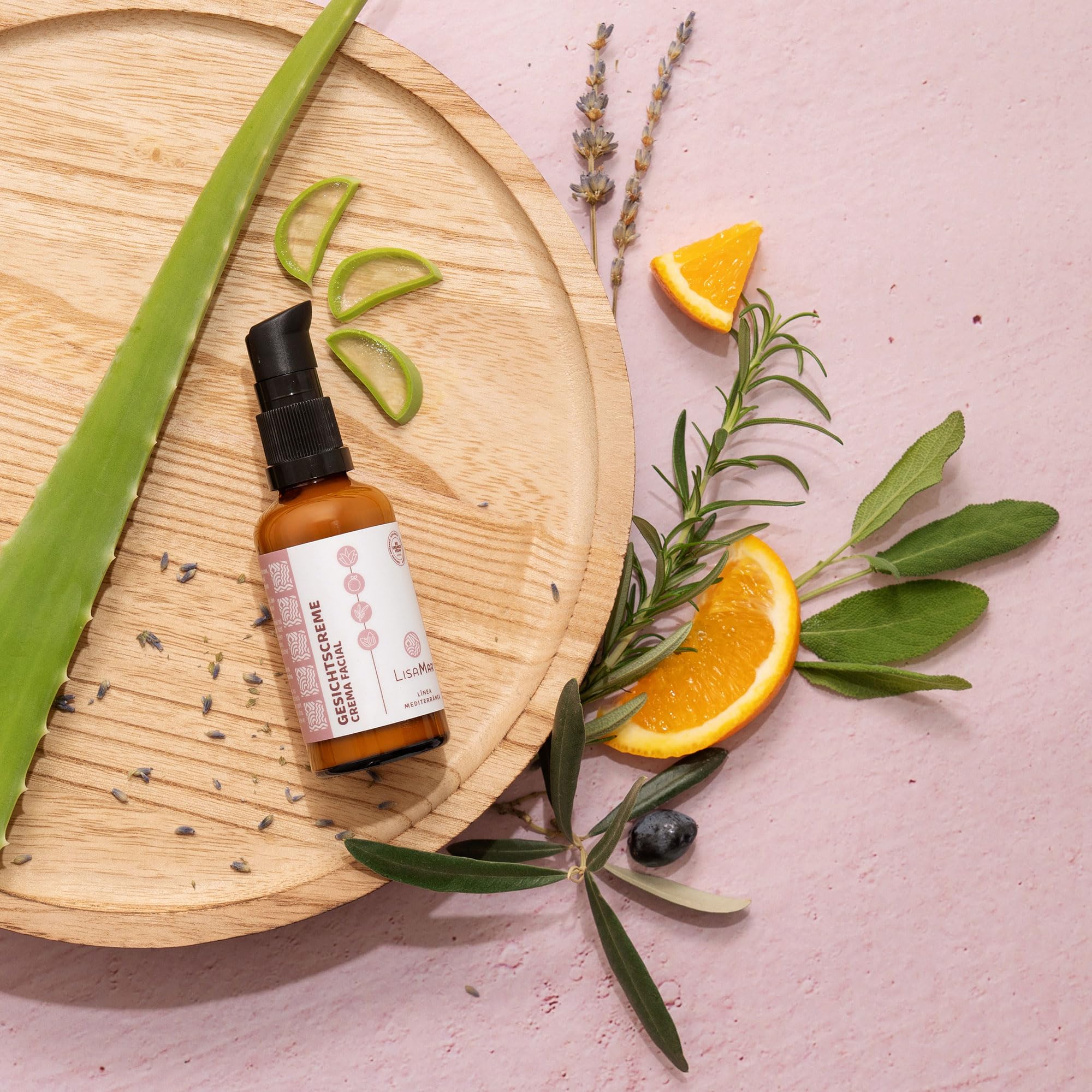 LisaMar® Naturkosmetik Set mit Gesichtscreme Anti Aging mit Hyaluron & mediterranen Ölen und Augencreme gegen Tränensäcke, Falten und Augenringe.