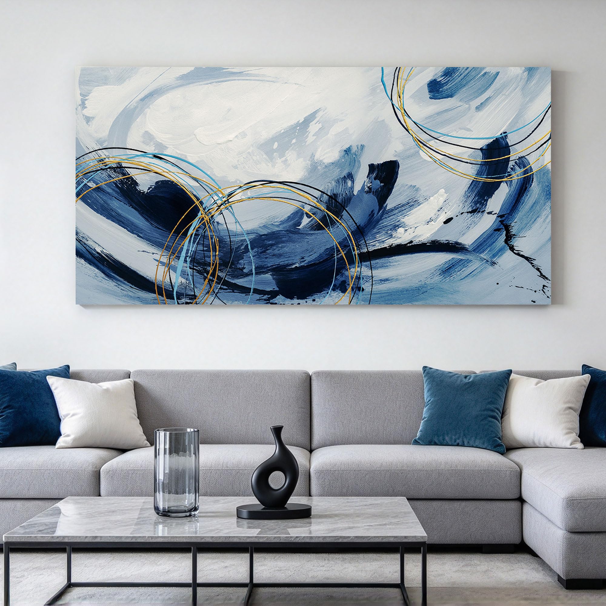 Photo 1 of yiijeah Canvas Wall Art Abstract Blue Picture Wall Decor 48x24 Inches