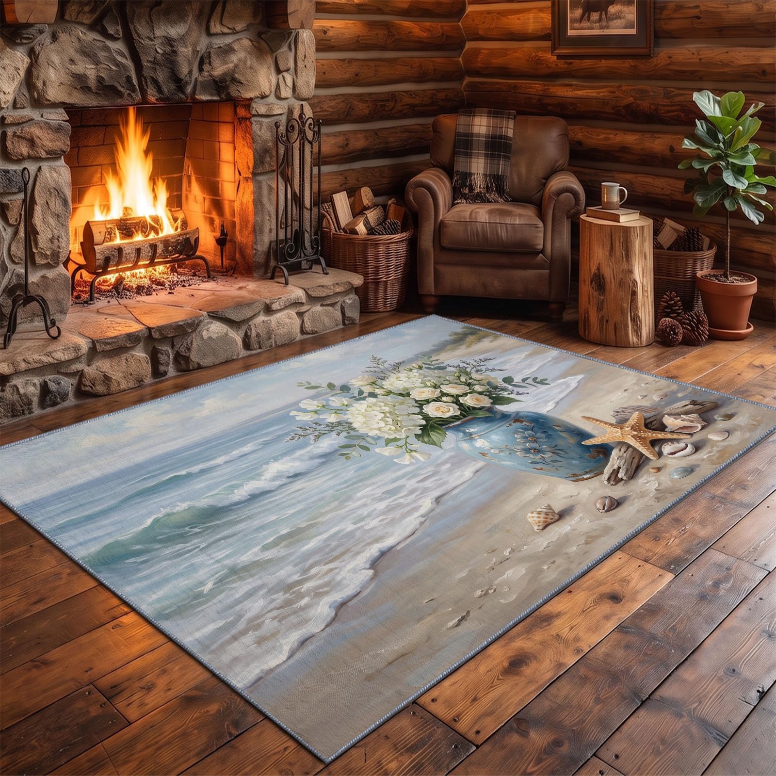 Générique Floristique Côtière Tapis de Salon Lavable en Machine 80 x 150 cm, Tapise antidérapant, Tapis de Chambre Style Plage Vagues Océaniques Compositions Florales pour Le Salon, l'entrée, Blanc