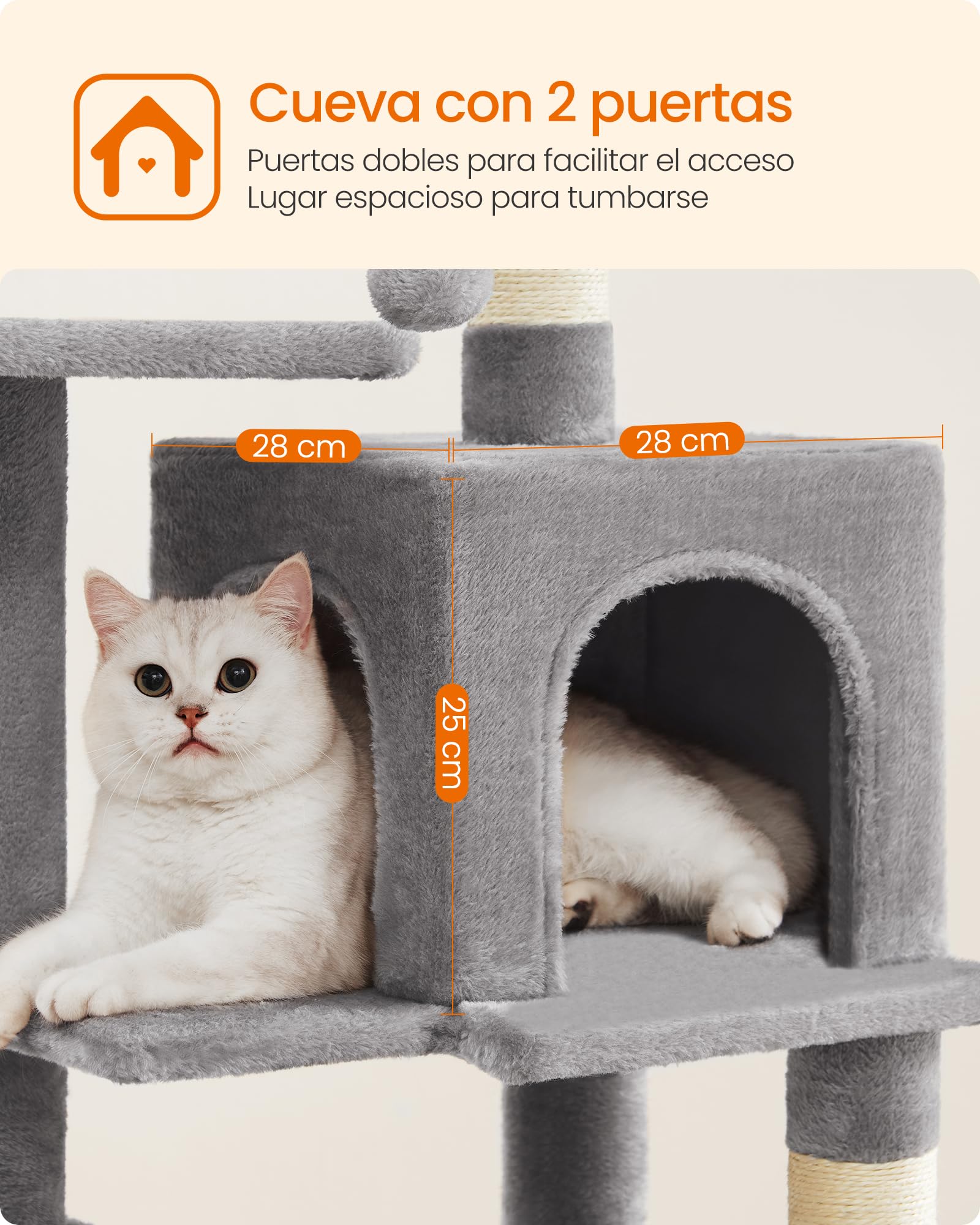 Feandrea Árbol para Gatos, Altura 112 cm, Torre de Gatos, con 4 Postes Rascadores, 2 Plataformas, 1 Cueva, 1 Hamaca, 2 Pompones, Tela de Felpa, Multinivel, Gris Claro PCT261W01