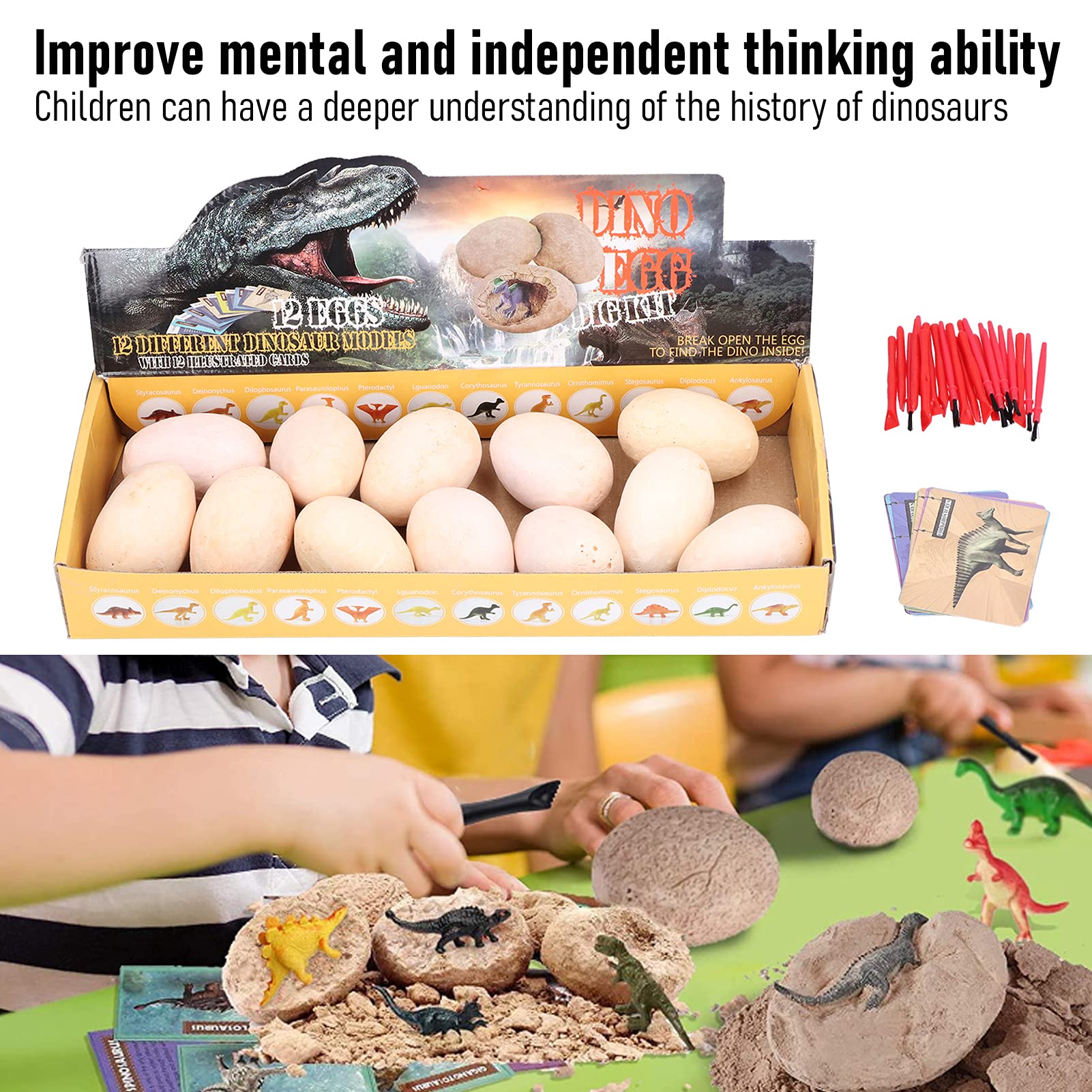 Dinosaurier-Ei-Grabsatz, Simulationsarchäologie-Spielzeug für Kinder, 12-teiliges Dinosaurier-Ausgrabungsset mit Meißeln, Pinseln und Lernkarten, pädagogisches STEM-Geschenk für