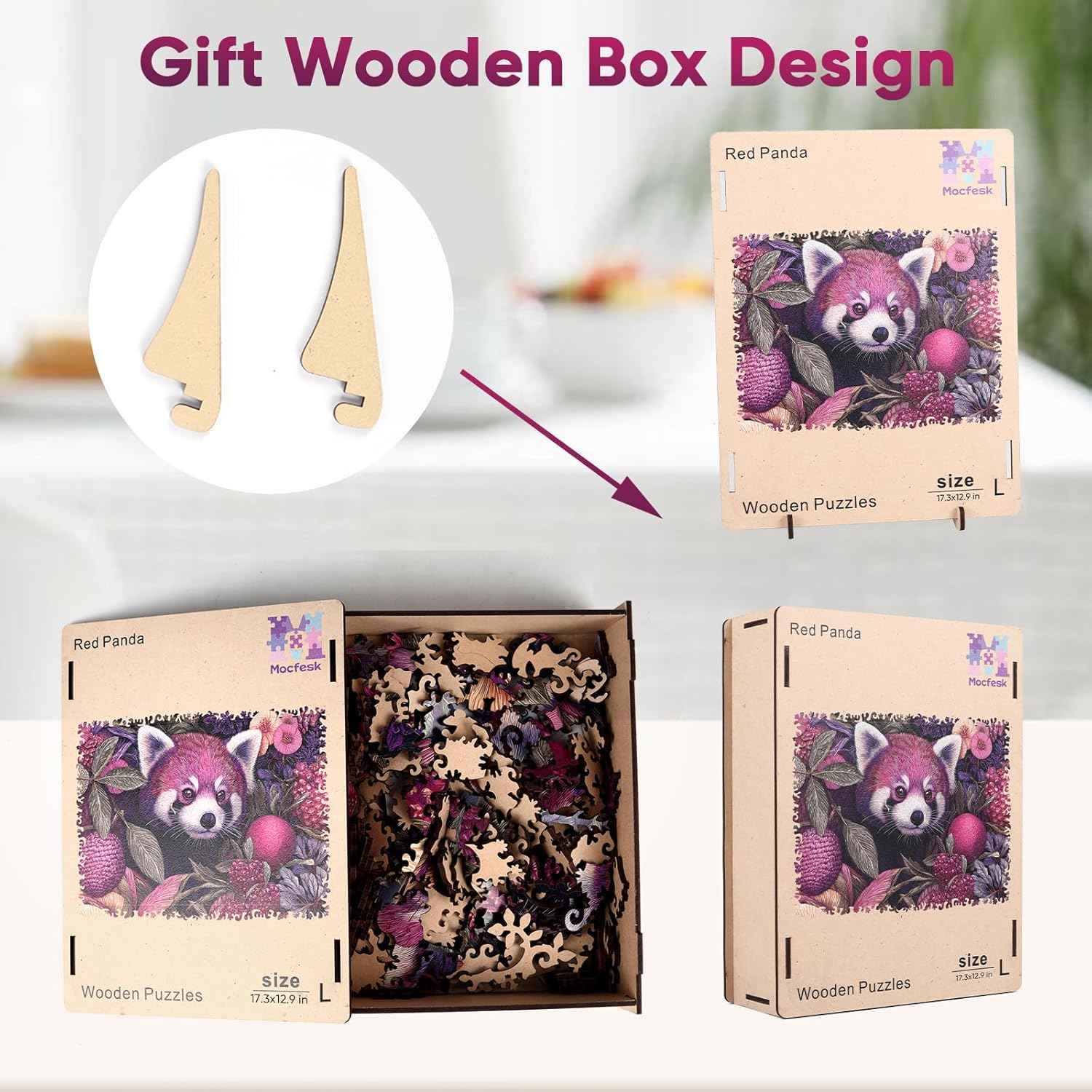 Mocfesk Wooden Puzzles for Adults, Red Panda Wooden Puzzles, Unique Shaped Animal Jigsaw Puzzles for Adults and Kids, Birthday Gifts Fun Challenge Family Game 17.3 x 12.9 in