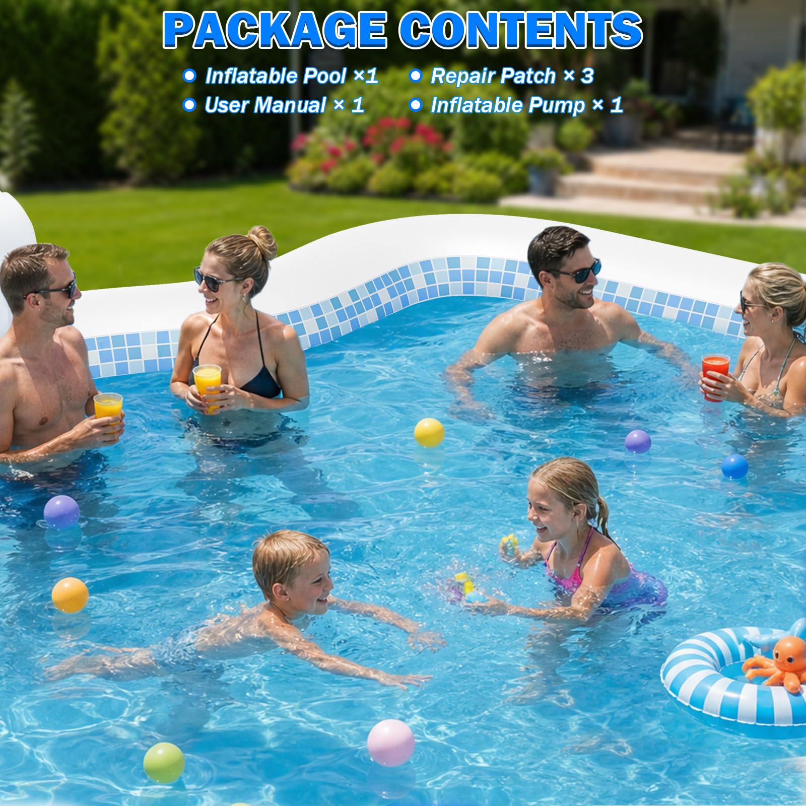 Extra großer aufblasbarer Pool mit Pumpe, 307,3 x 228,6 x 55,9 cm, großer aufblasbarer Pool mit Sitzen für Erwachsene, Familien-aufblasbarer Swimmingpool für Sommer, Wasserparty, Hinterhof