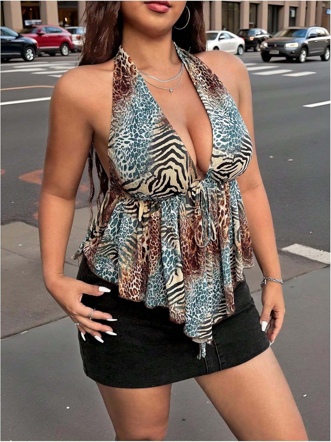 SOLY HUX Women's Plus Size Halter Tops Y2k Leopard Animal Print Deep V Neck Peplum Ruffle Asymmetrical Summer Top - Image 4