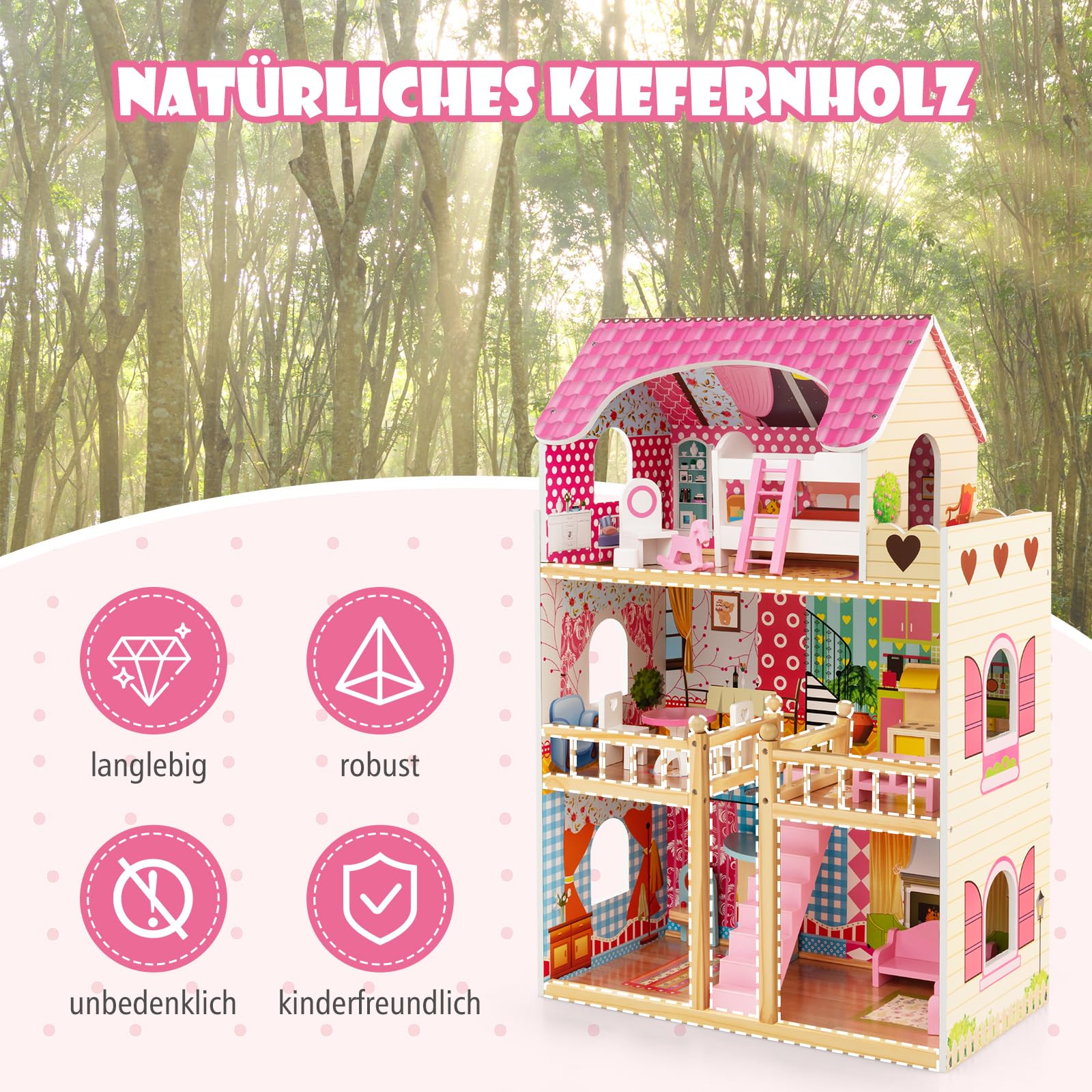 COSTWAY Houten Poppenhuis 3 Verdiepingen – Dubbelzijdig Dak & Deuren – Met Meubels – Voor Kinderen Vanaf 3 Jaar – 55x35x66 Cm