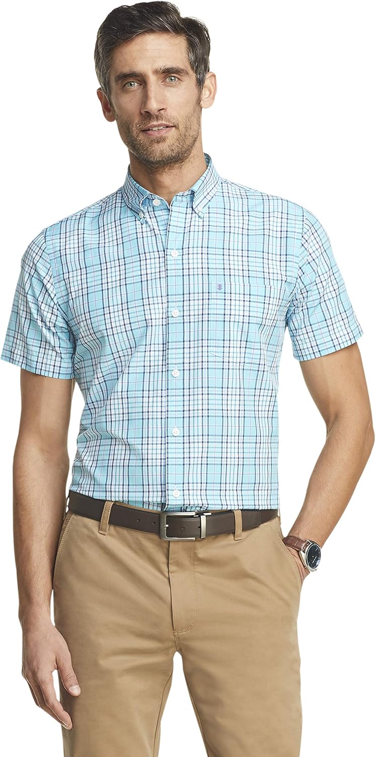IZOD Men's Breeze Short Sleeve Button Down Plaid Shirt Medium True Bachelor Button