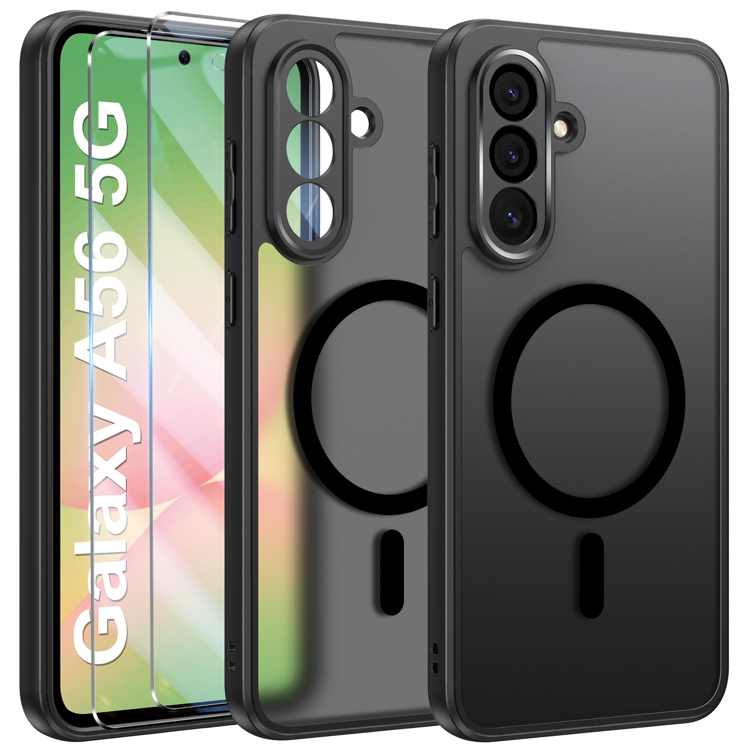 Opkiegrn Magnetica Cover per Samsung Galaxy A56 5G con 2 Pezzi Vetro Temperato, Compatibile con MagSafe, [Antiurto Grado Militare] Custodia Posteriore Glassata Nero