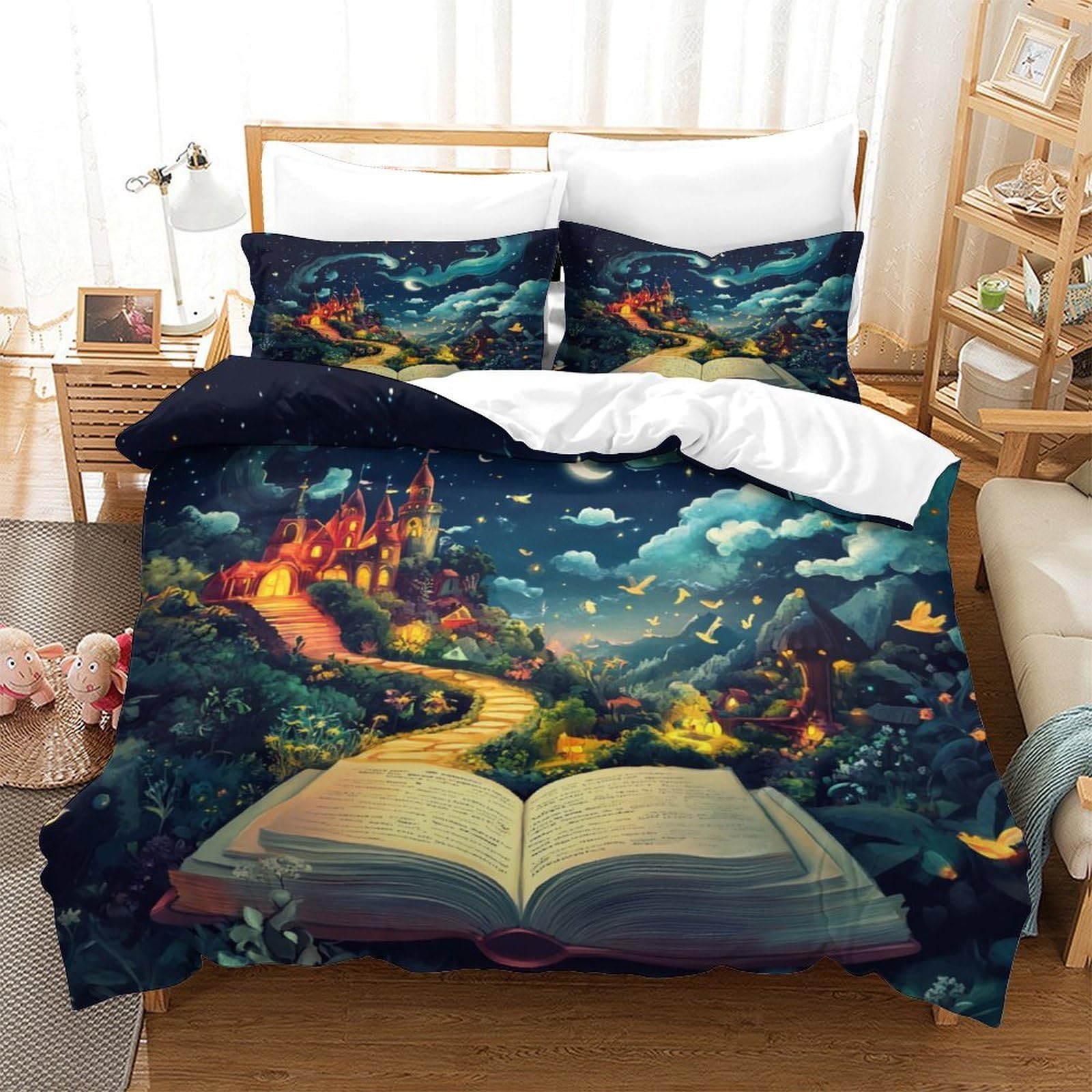 YYVKPMLXC Castle Duvet Cover,Magic Book 3D Bedding Set Soft Microfiber Quilt Cover 3pcs, Comforter Cover with Zipper Closure for Girls Boys Children Bedroom Decor Double（200x200cm）
