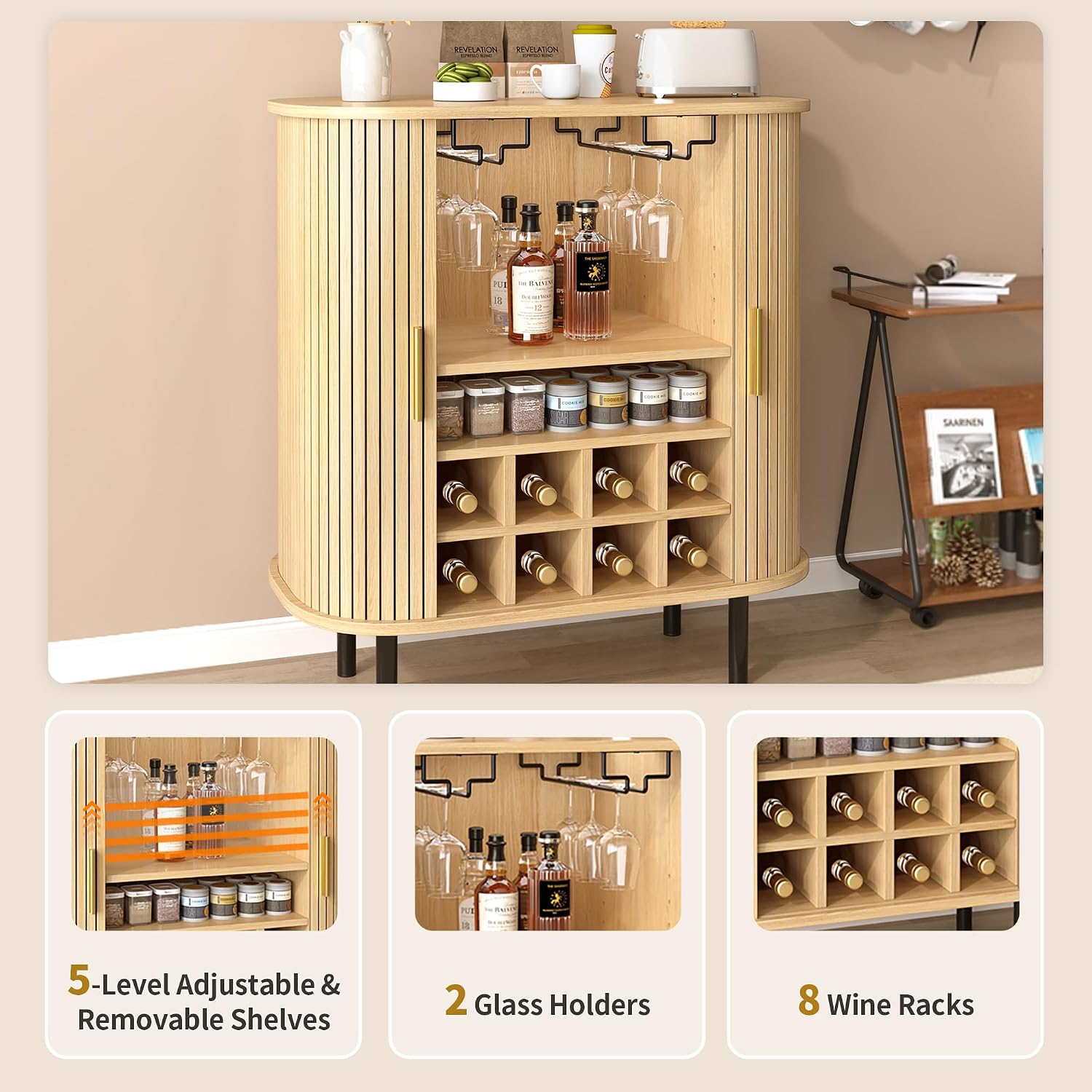 28'' Wine Bar Cabinet with Storage, Fluted Liquor & Coffee Bar Cabinet with Wine Rack and Glass Holder, Modern Buffet Sideboard with Adjustable Shelf for Living Room Kitchen Entryway,Natural