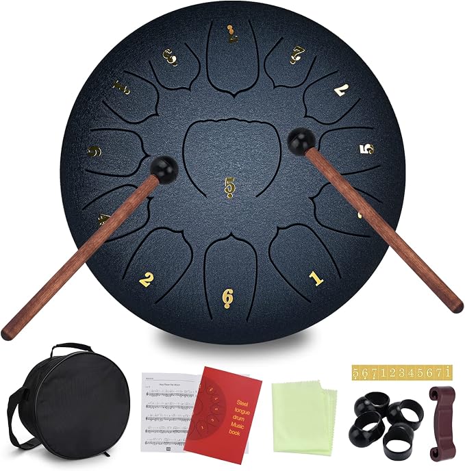 Handpan Tongue Drum 11 Tons | Tambour Acier 10 Pouces | Méditation Et Yoga | Sac Et Maillets Inclus - Noir