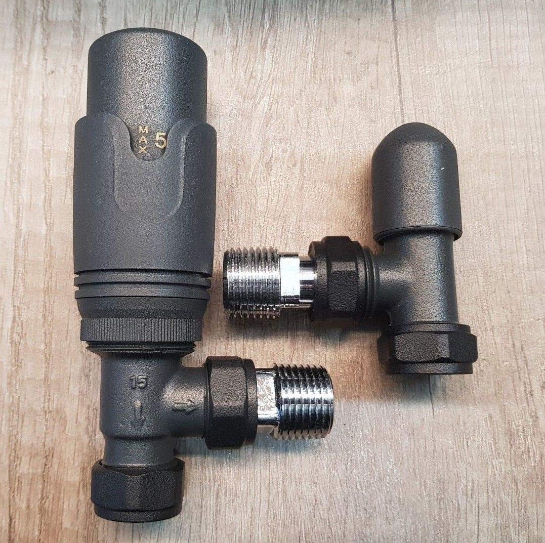 Komiro Anthracite Teams Angled Towel Rail Thermostatic Radiator Valves Trv Lockshield Pair
