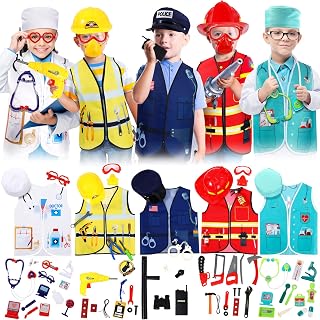 DEEKIN 5-Pack Toddler Dress Up Costumes Ages 3-7: Police Firefighter Doctor Construction Worker Pretend Play for Boys Girls