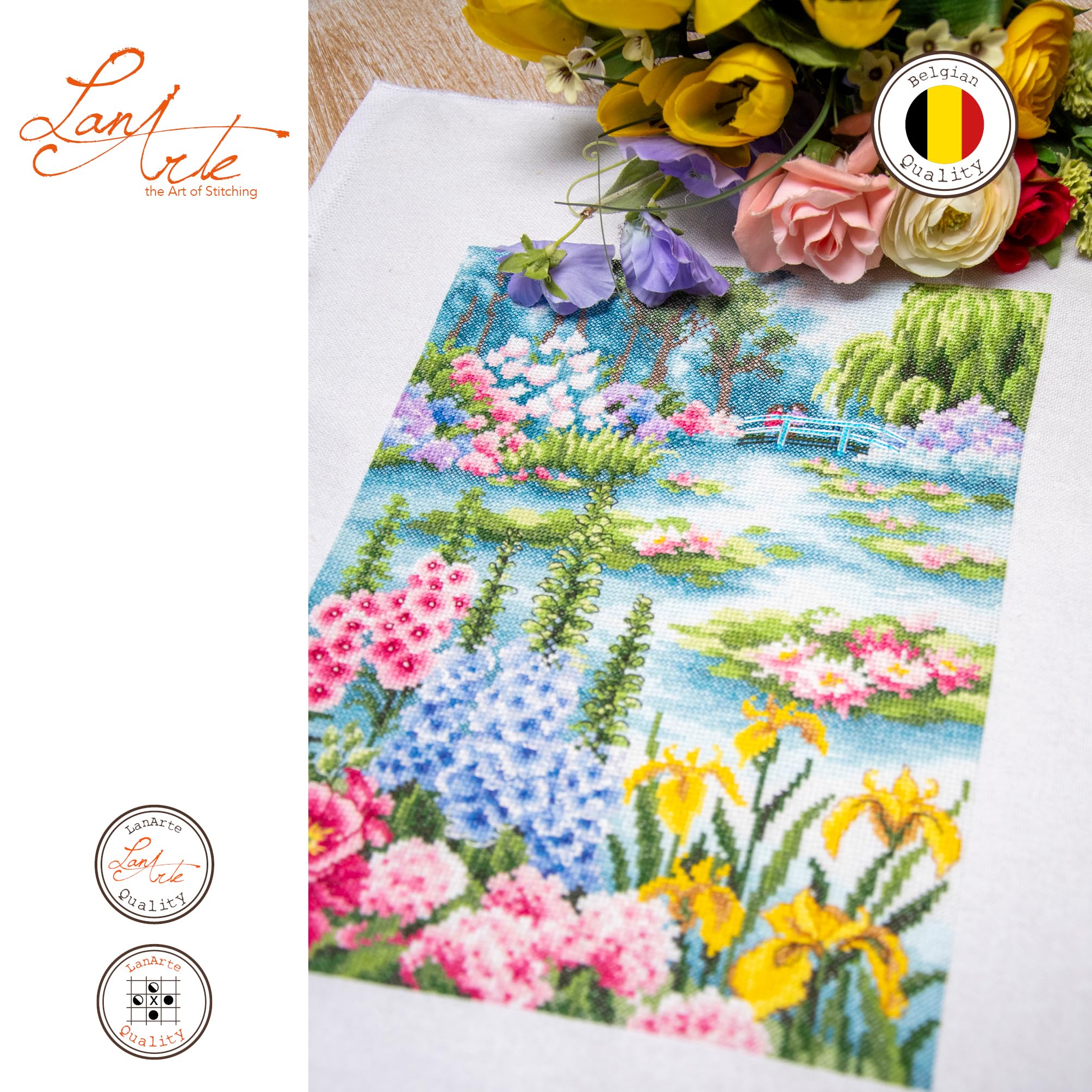 LANARTE Haft Krzyżykowy Liczony Zestaw Obraz do Haftu PRZY STAWIE Z LILIAMI Zrób to Sam Zestaw Kreatywny dla Dorosłych Rękodzieło Artystyczne 24 x 33 cm Dekoracja Ścienna DIY Cross Stitch Kit