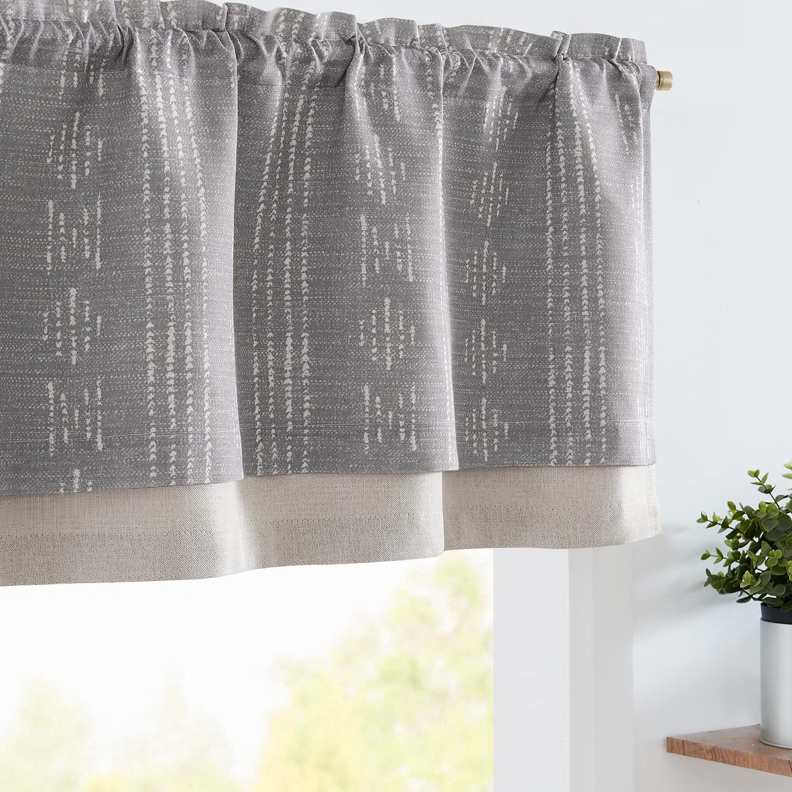 Photo 1 of jinchan Geometric Striped Boho Valance Curtains Blackout Double Layer Valance for Windows 18 Inch Farmhouse Window Treatment for Kitchen Living Room Bedroom Rod Pocket 1 Panel Taupe Grey