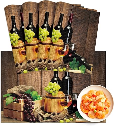 Juego de 4 manteles individuales de 13 x 19 pulgadas resistentes al calor antideslizantes de PVC para mesa de cocina estilo retro barril de vino uva