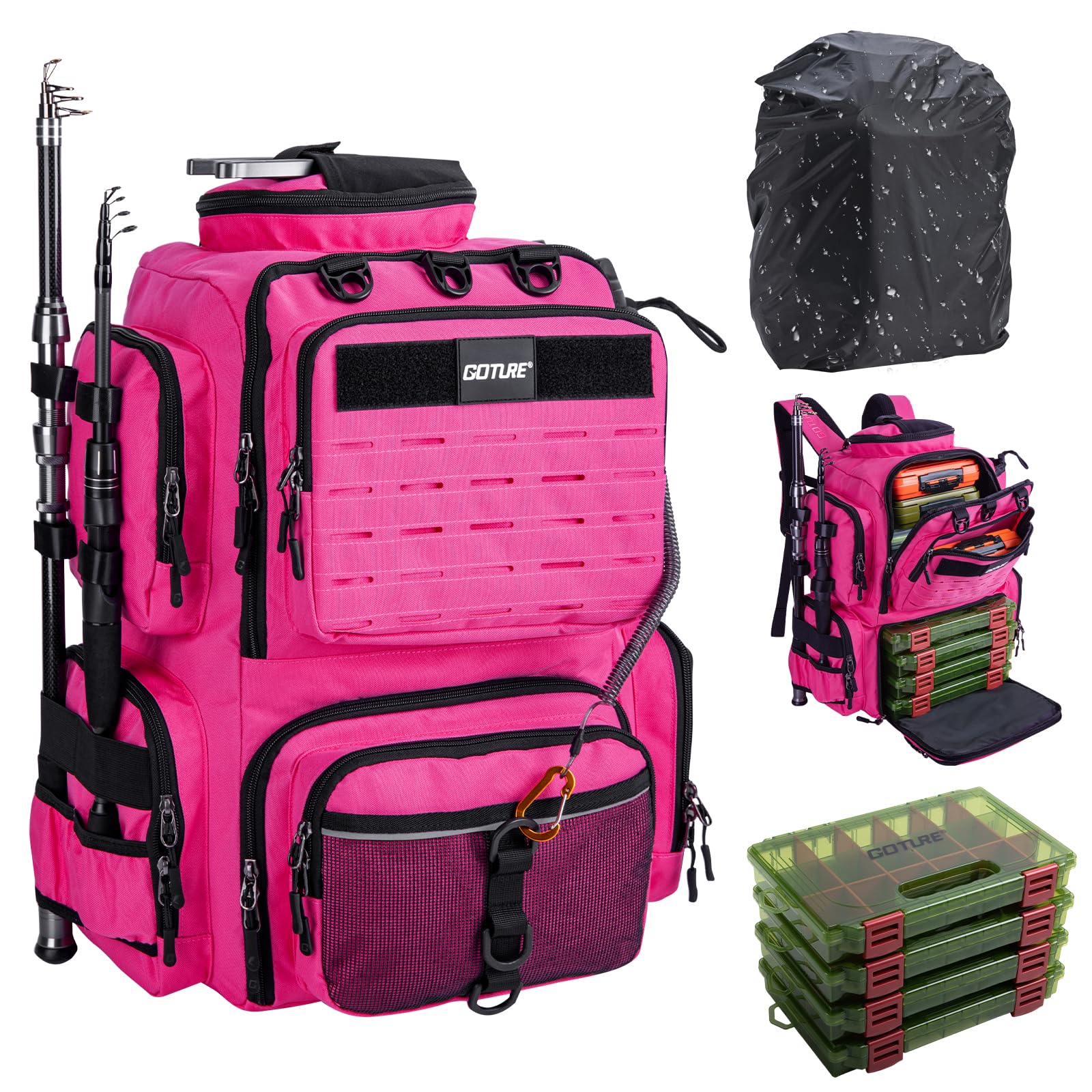 Goture 45L Fishing Backpack 900D Oxford Cloth & Rain Cover, Fishing Tackle Bag w/Rod Holders, Adjustable Compartment & 8 Lure Bag, Gifts for Anglers Pink (4 3600 Handle Tackle Box Included)