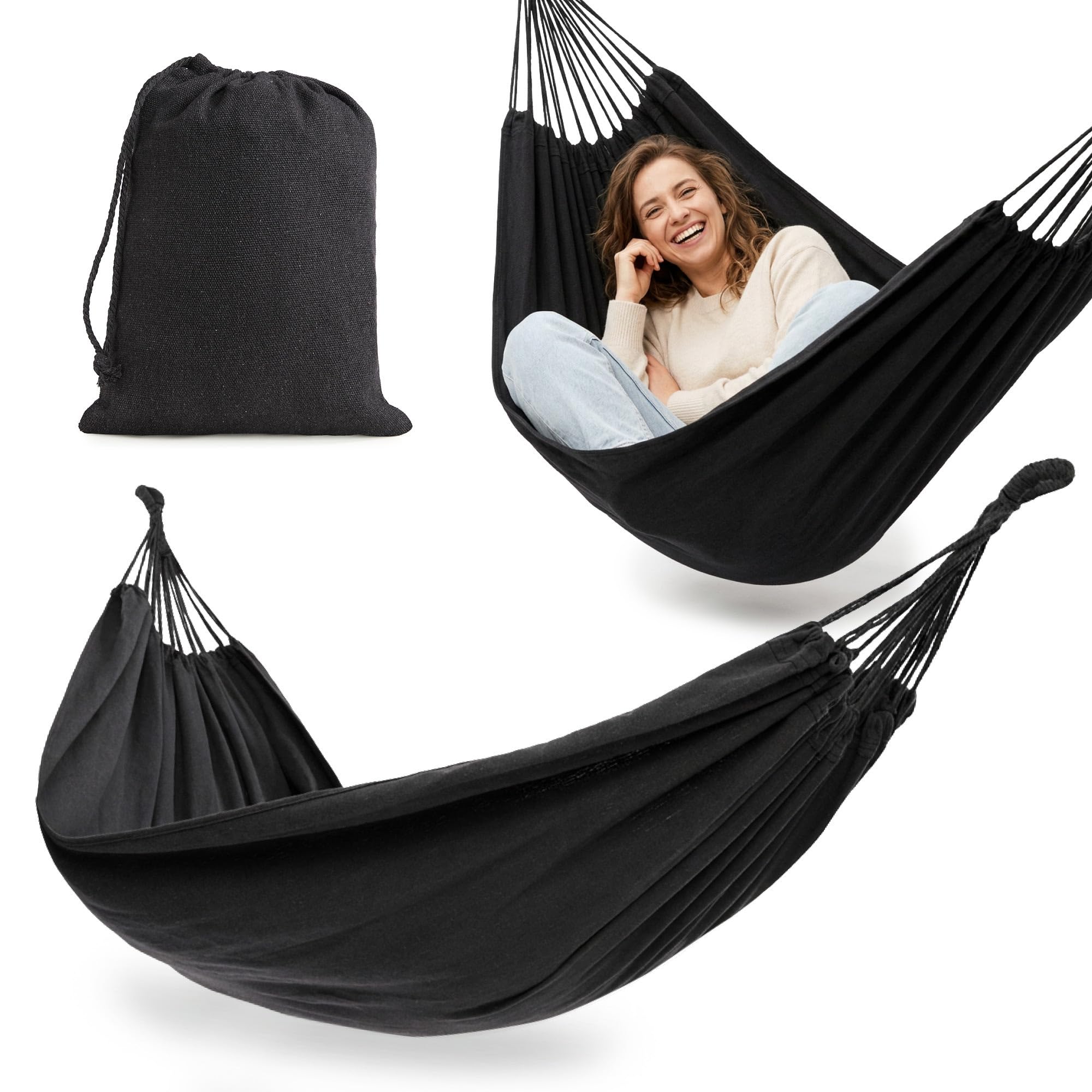 HyperMotion Hamac de Jardin en Polyester et Coton, 200 × 150 cm, Gris, Capacité 100 kg, 2 Personnes, avec Sac de Transport, pour Terrasse, Balcon et Camping
