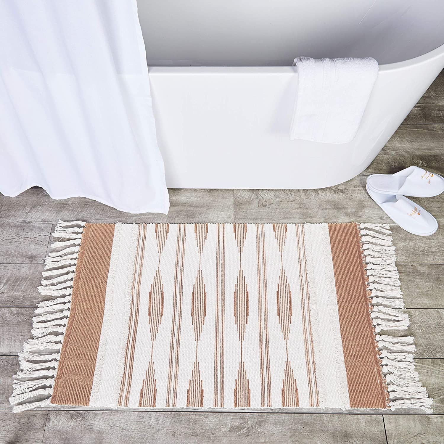 Alfombra de baño bohemia amarilla con borlas, alfombra boho (23.6 x 35 pulgadas)