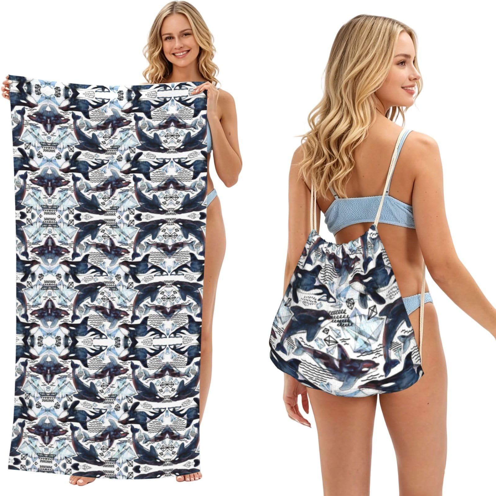 SATUSA Killer Whale Print 2-In-1 Foldable Beach Towel Backpack â€“ Camping, Yoga And Travel,Bath Towel With Built-In Storage, Convertible Beach Mat & Carry Bag