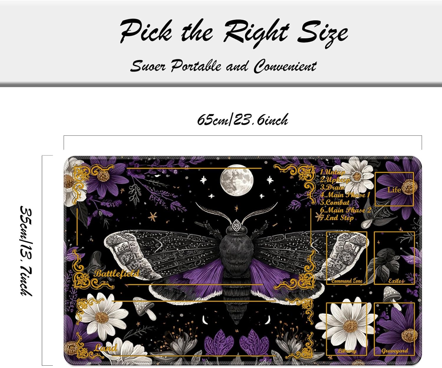 Playmat for MTG, with Free Storage Bags,Game Mat 24 x 14 inches, TCG and Board Game Mat for Cards,Mousepad Desk Mats，Floral Moon Moth