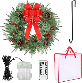 26 Inch Christmas Wreath Decorations,Artificial Wreaths with 50 LED Lights 8 Modes & Timer & Remote Control,144 PVC Tips,Large Red Bow,Pine Cones,Berries for Front Door,Indoor/Outdoor Holiday Decor